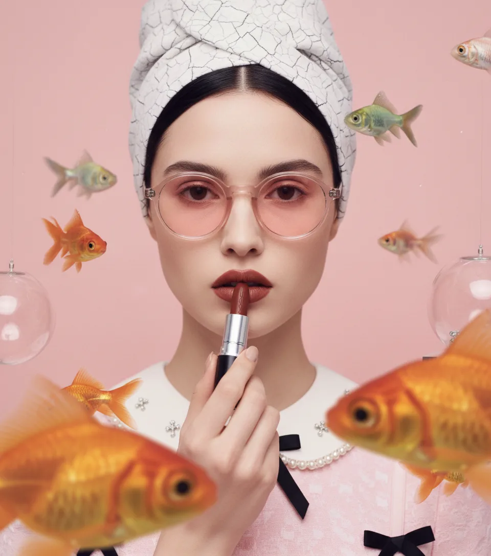 scene4-ai product photography-lipstick campaign creation-high fashion model in a surreal aquarium-1