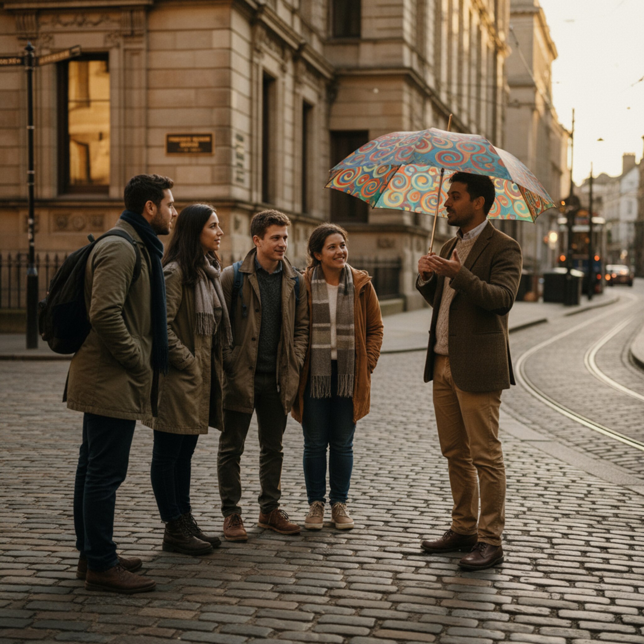 Ein Stadtführer mit farbigem Regenschirm versammelt eine kleine Gruppe an einer historischen Ecke. Sanftes Spätnachmittagslicht fällt auf Pflastersteine, leises Stimmengewirr liegt in der Luft. Personen rücken zusammen, hören aufmerksam zu und blicken auf ein markantes Gebäude. Die Szene strahlt Vorfreude und klare Struktur aus.