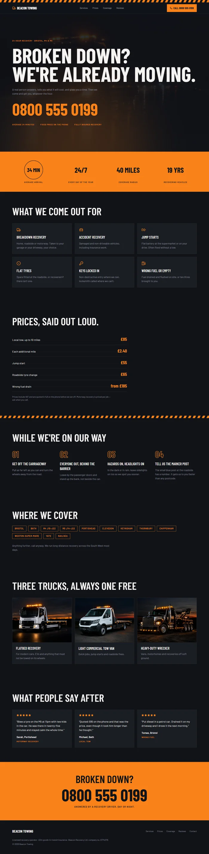 Full page of an AI-generated towing website with emergency hero, services, prices, safety steps, coverage and fleet