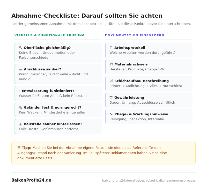 Zeitrahmen im Überblick" Alt-Text: „Abnahme-Checkliste für die Balkonsanierung: 5 Prüfpunkte für die visuelle Kontrolle und 5 Dokumente, die Sie vom Fachbetrieb einfordern sollten