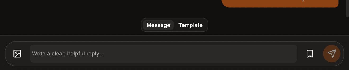 Close-up of the Message and Template tabs above the inbox reply box.