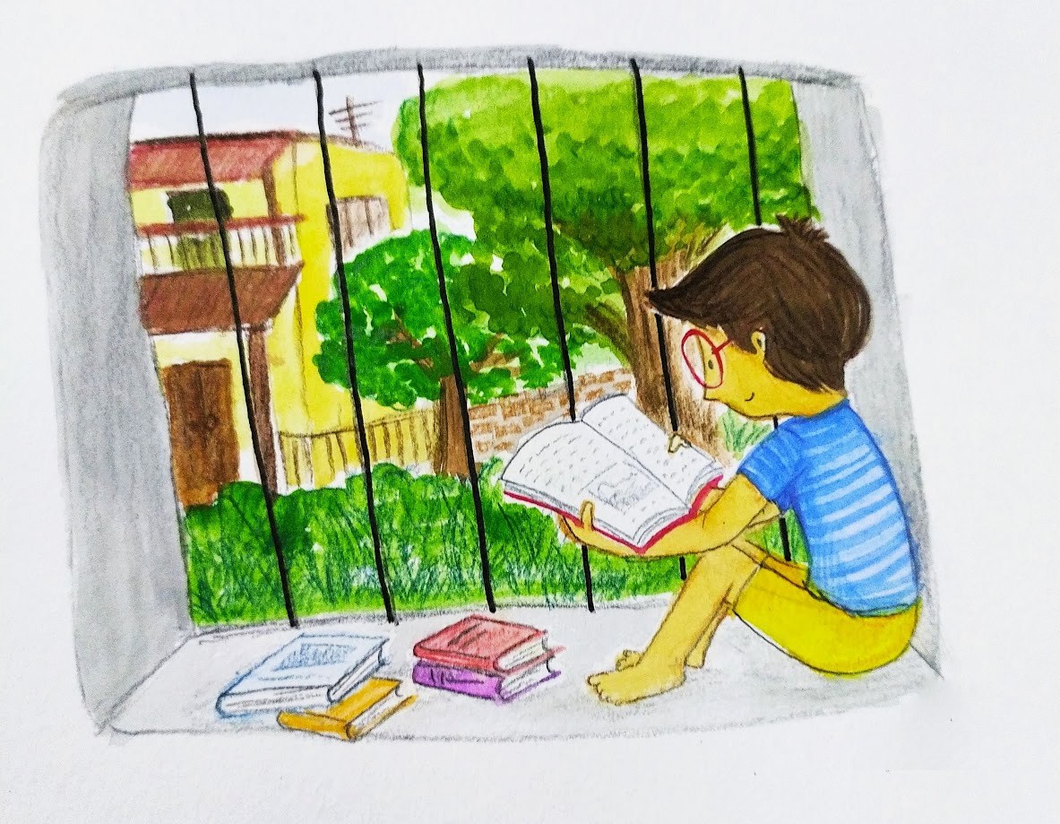 A hand drawing of a kid with short brown hair, wearing a blue striped t-shirt and yellow shorts, sitting by a window reading a book. A pile of books and papers rest on the ledge in front of them, with trees and houses visible through the window.
