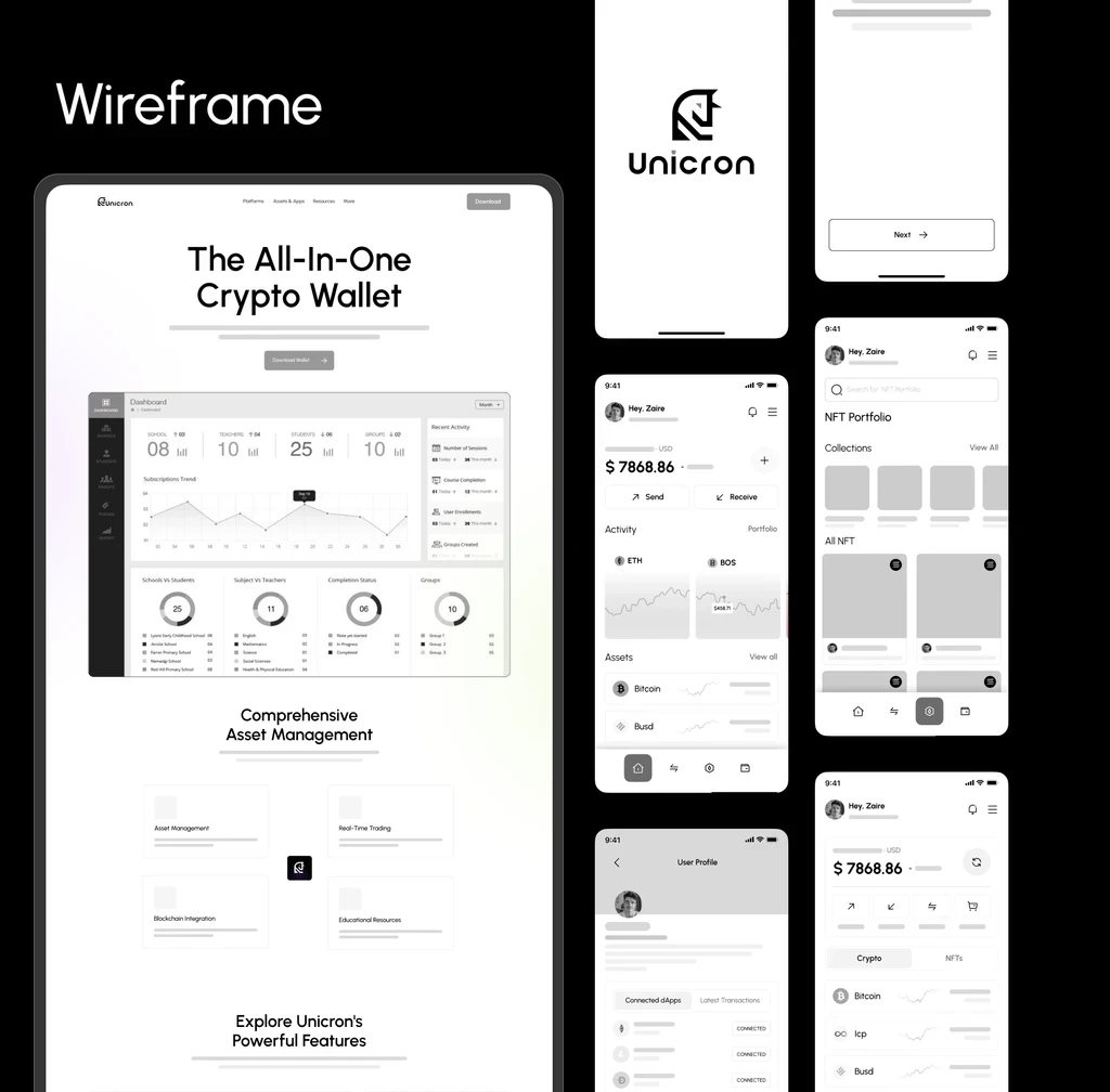 Initial wireframe concepts for Unicron project, demonstrating mobile app structure and dashboard layouts as part of Artonest's professional design services. 