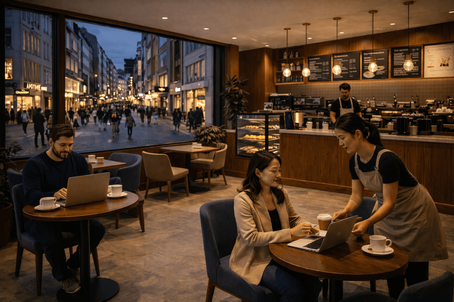 People seated at a café table with a laptop and coffee cups near a large window overlooking a busy street.