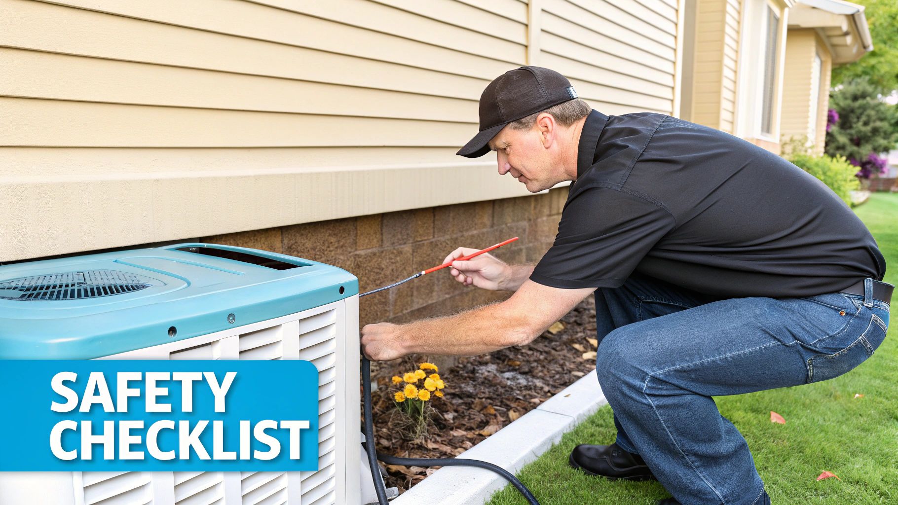 A man in a cap inspecting an outdoor generator or AC unit, with a "Safety Checklist" overlay.