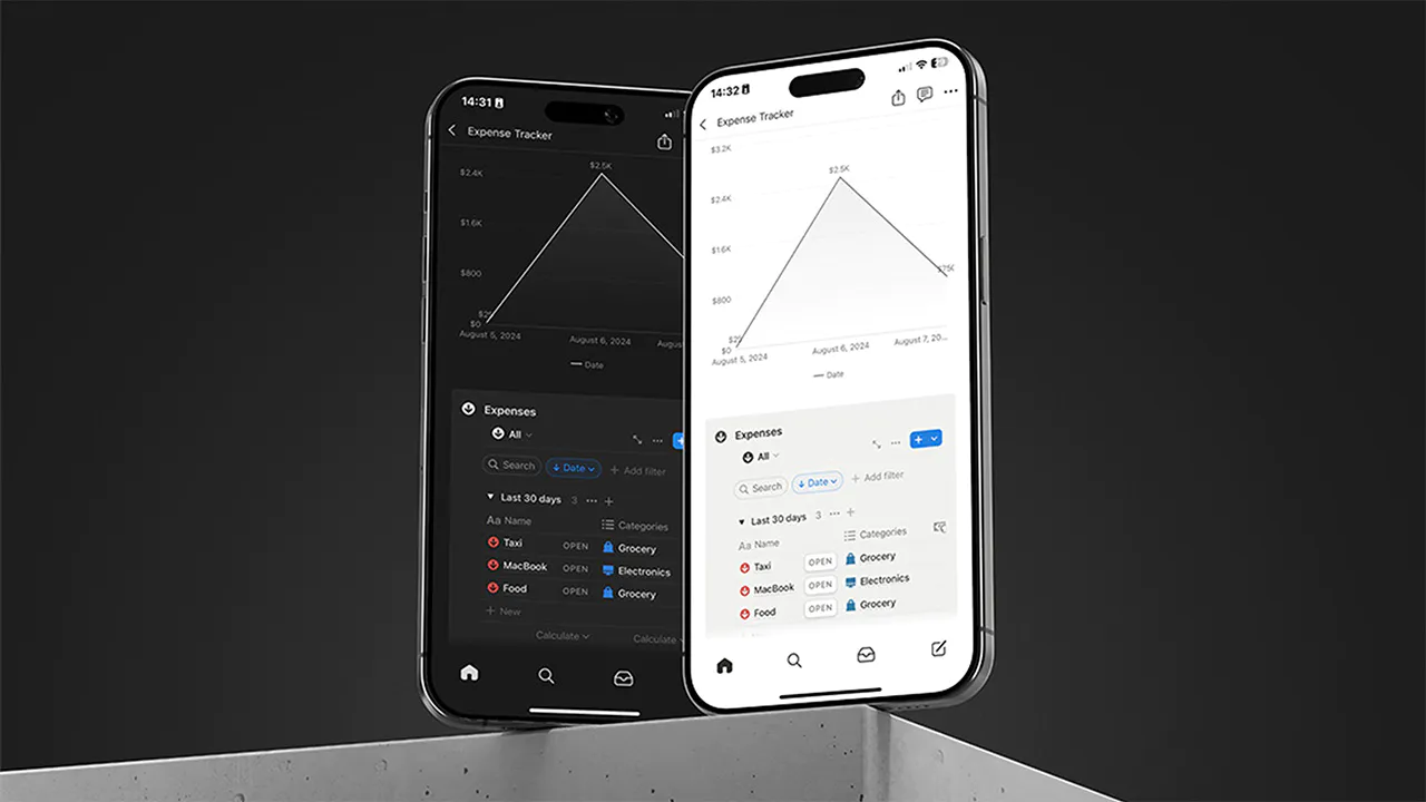 Two smartphones displaying the Simple Expense Tracker app in dark and light modes. Both screens show identical expense graphs and categorized expense lists. The phones are positioned at an angle on a minimalist surface, highlighting the app's clean interface and adaptability to user preferences for dark or light themes.