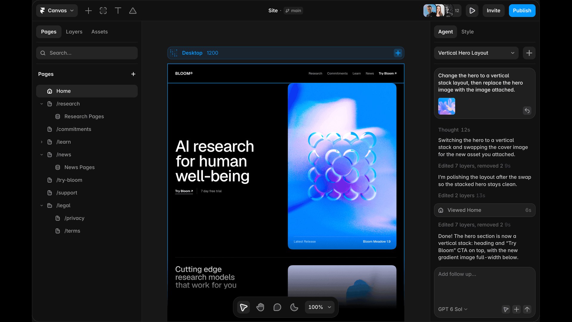 Framer editor with the Agent panel open, restacking a website hero into a vertical layout and swapping its image