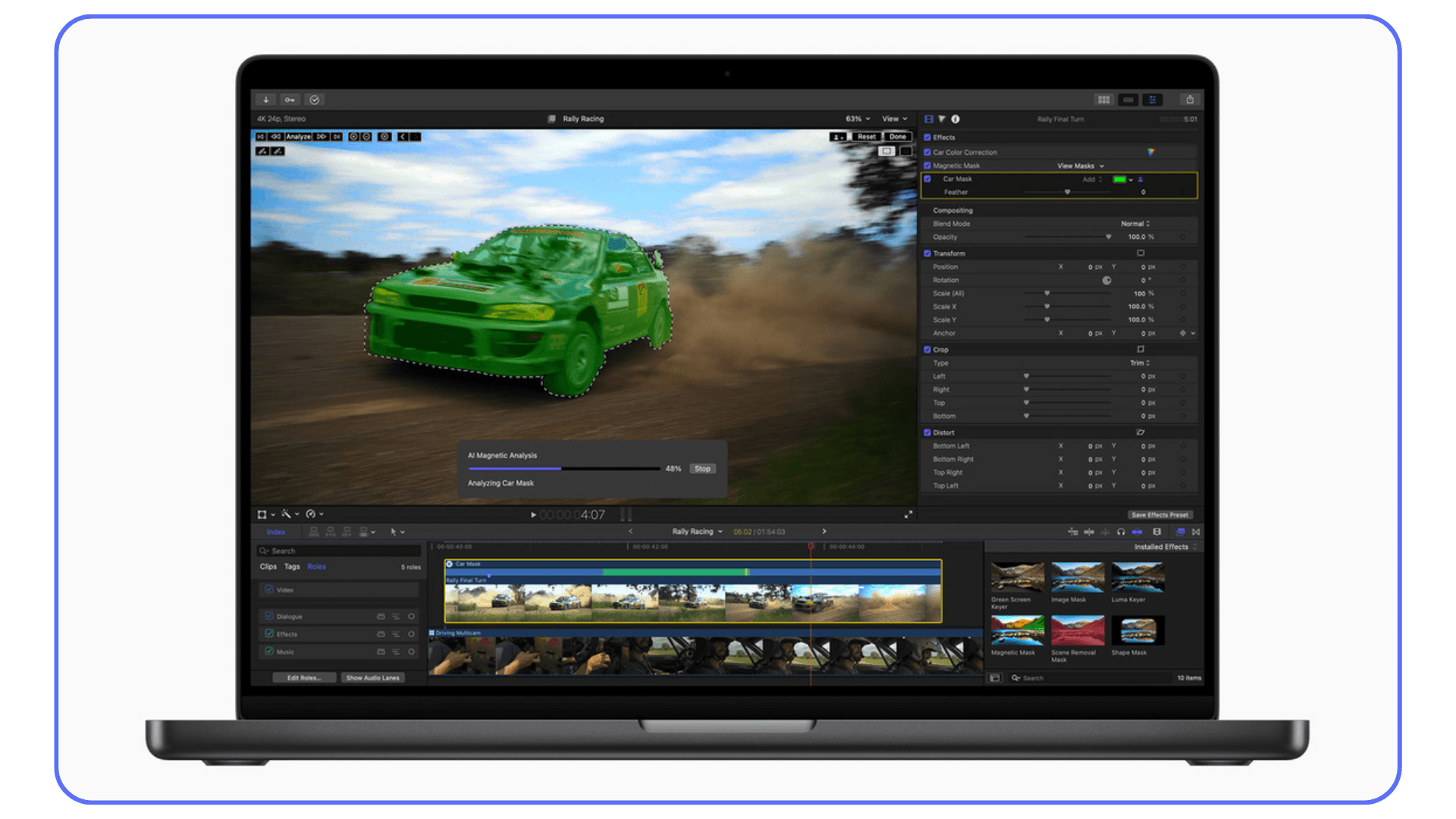 A laptop screen displaying Final Cut Pro with an AI-based object mask applied to a moving rally car, showing the analysis progress and timeline below.