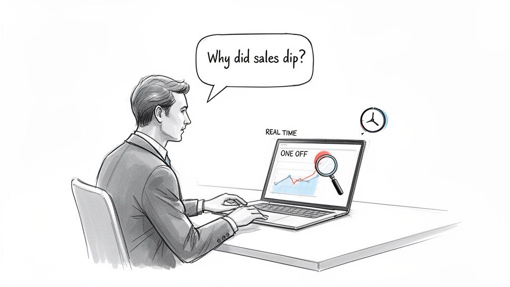 A man analyzes a sales performance graph on his laptop, asking 'Why did sales dip?' for a 'one off' event.