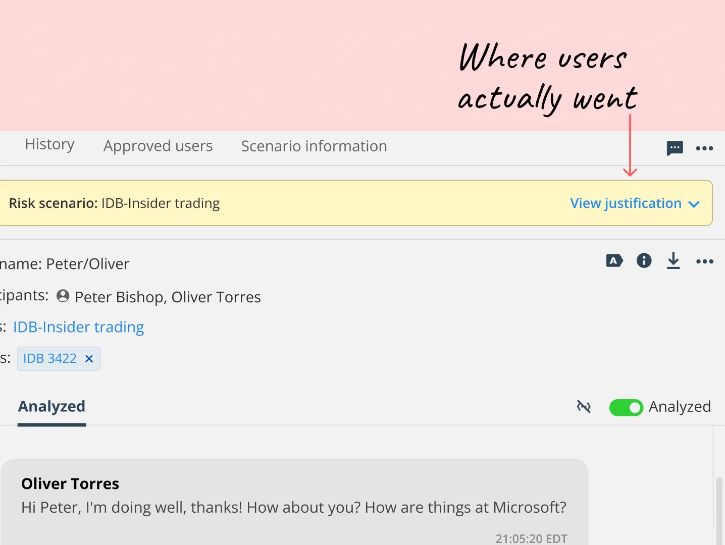 Screenshot of the Behavox alert panel showing the Risk scenario row with a  "View justification" link highlighted. An arrow points to it from a caption  reading "Where users actually went," showing the decision point where users  naturally looked for context before taking action.