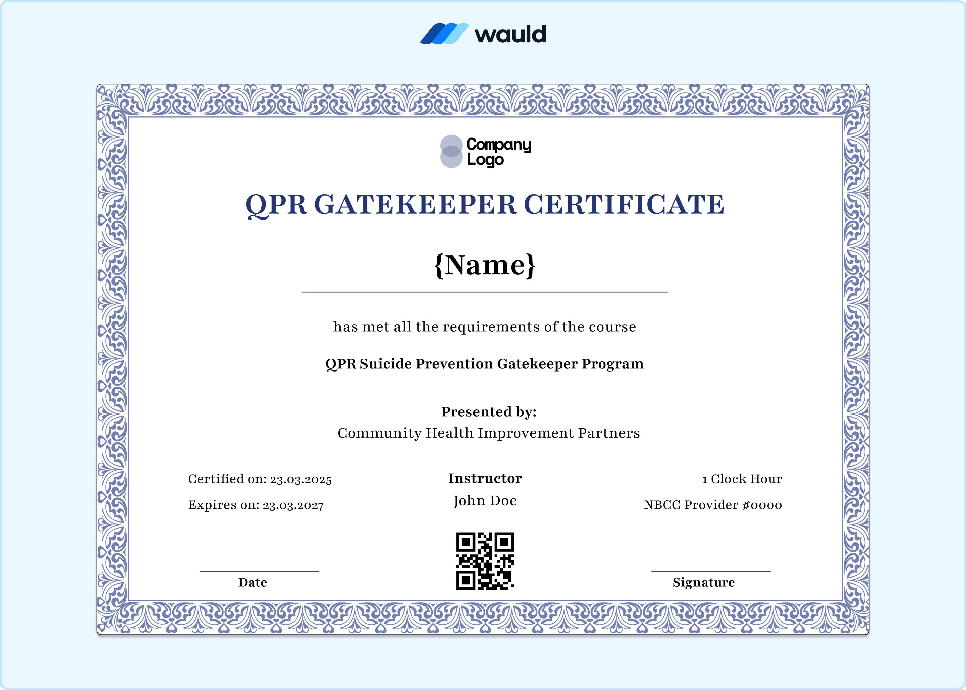 Clean blue and white QPR Gatekeeper certificate template with structured layout, recipient name field, instructor details, certified date, expiry date, NBCC Provider number, QR code, and signature line