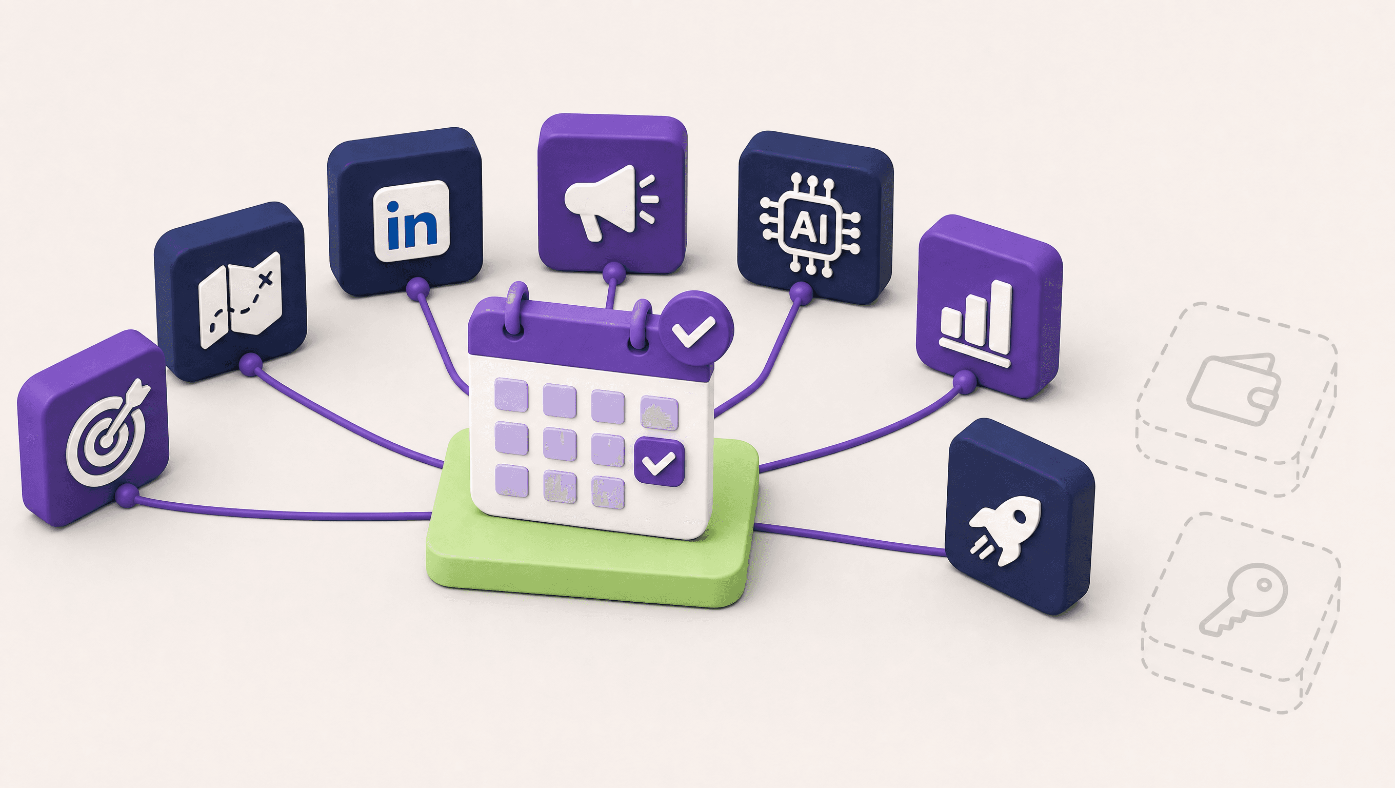 3D illustration on a cream background: a monthly calendar on a green tile connected by purple lines to icons for strategy, LinkedIn, campaigns, AI and reporting