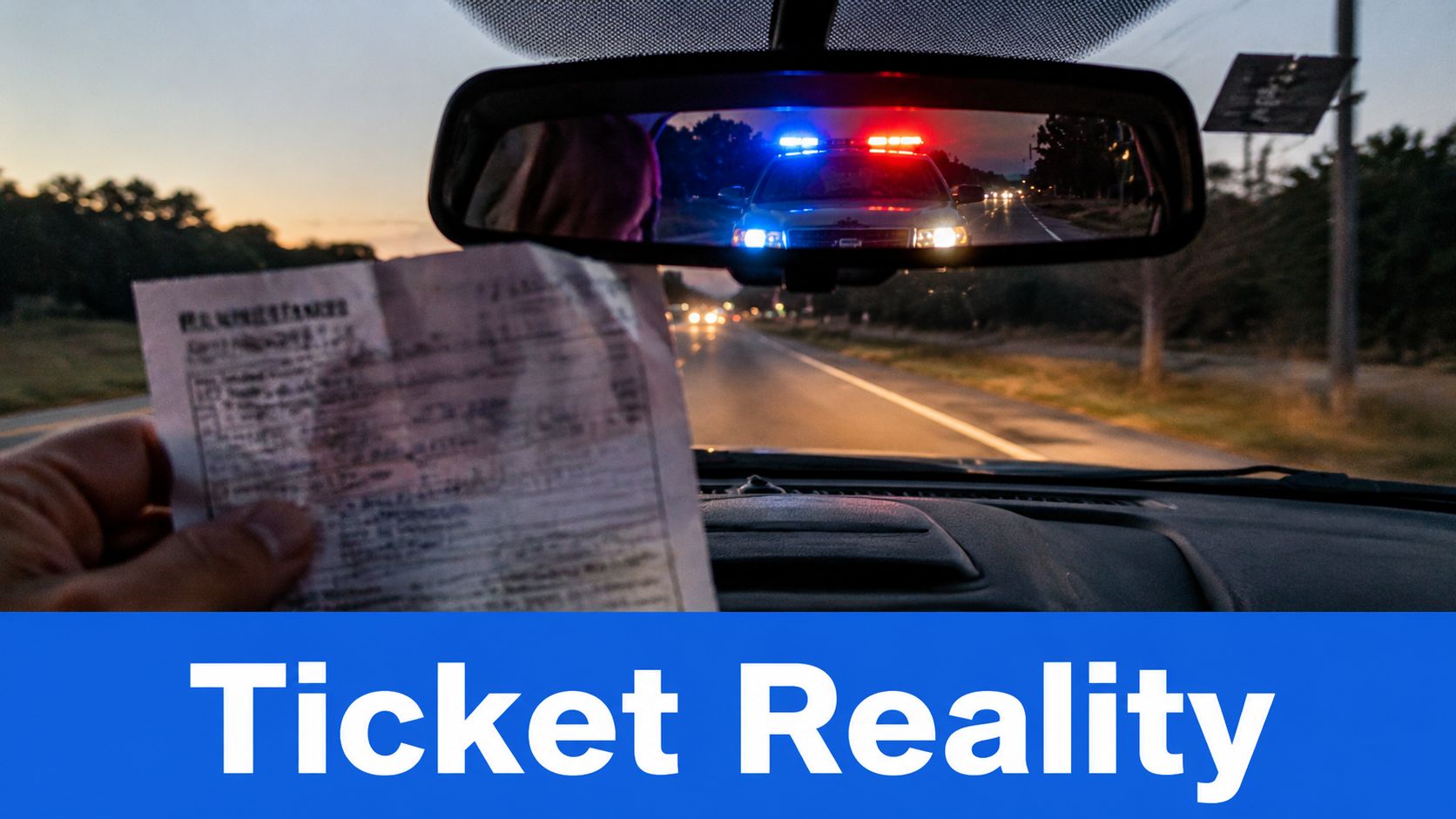 A driver holding a traffic citation while seeing a police car in their rearview mirror at sunset.