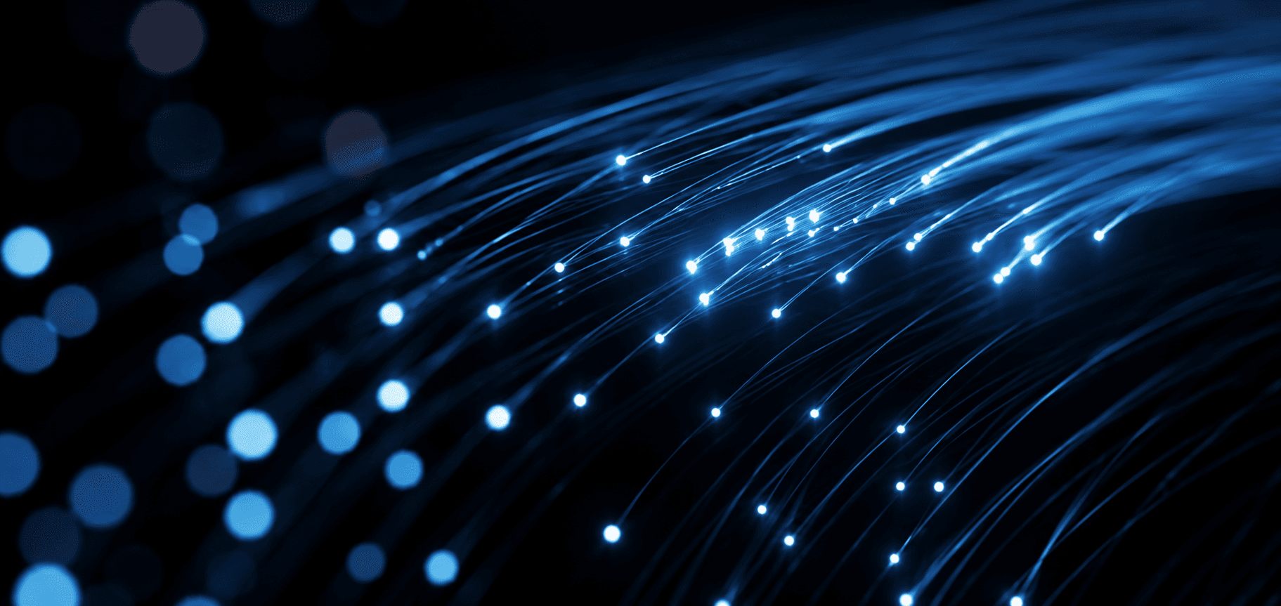 Illuminated fibre-optic strands on a dark background