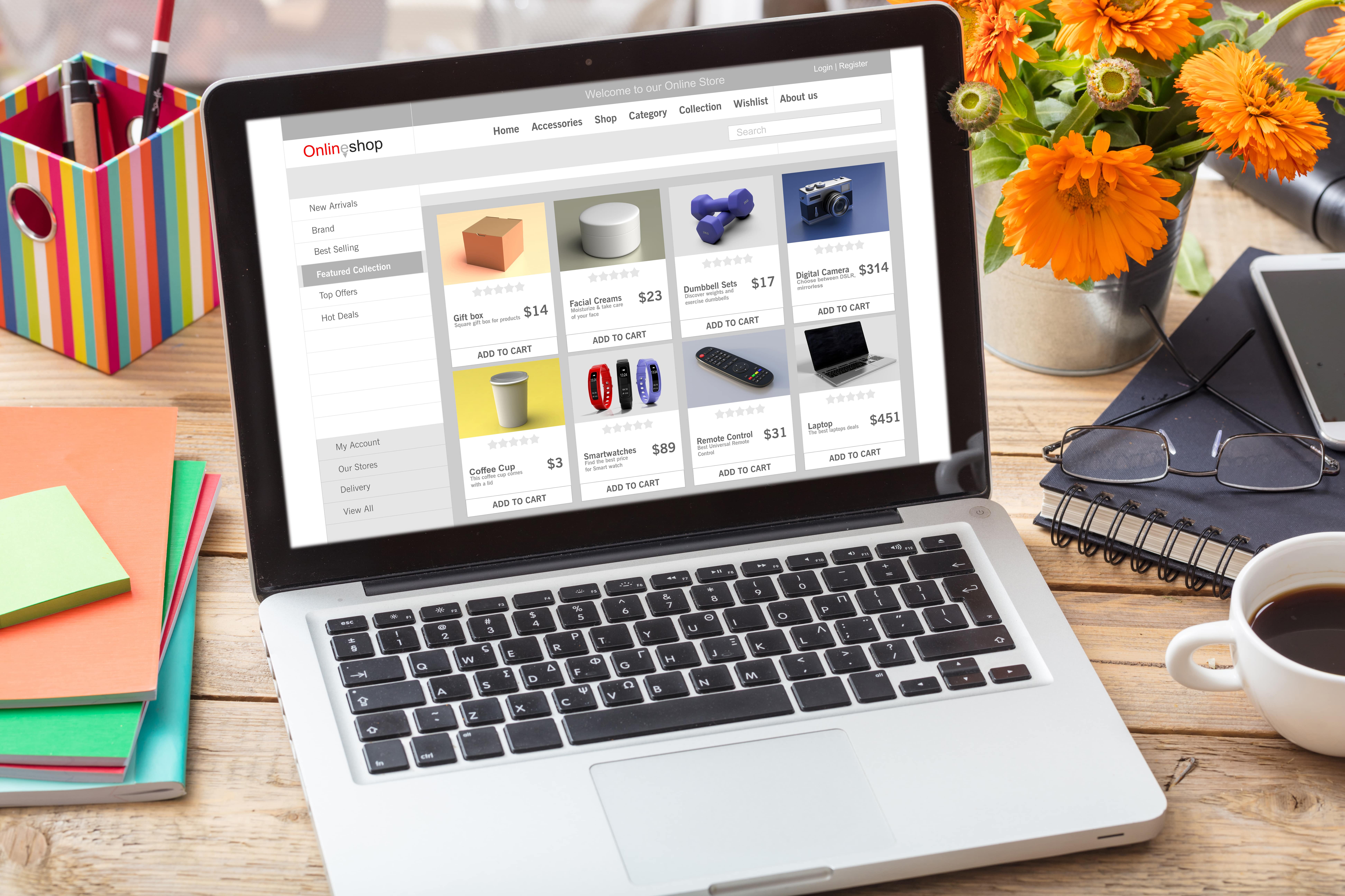 Laptop on a wooden desk displaying an online store, illustrating the concept of e-commerce and online shopping.