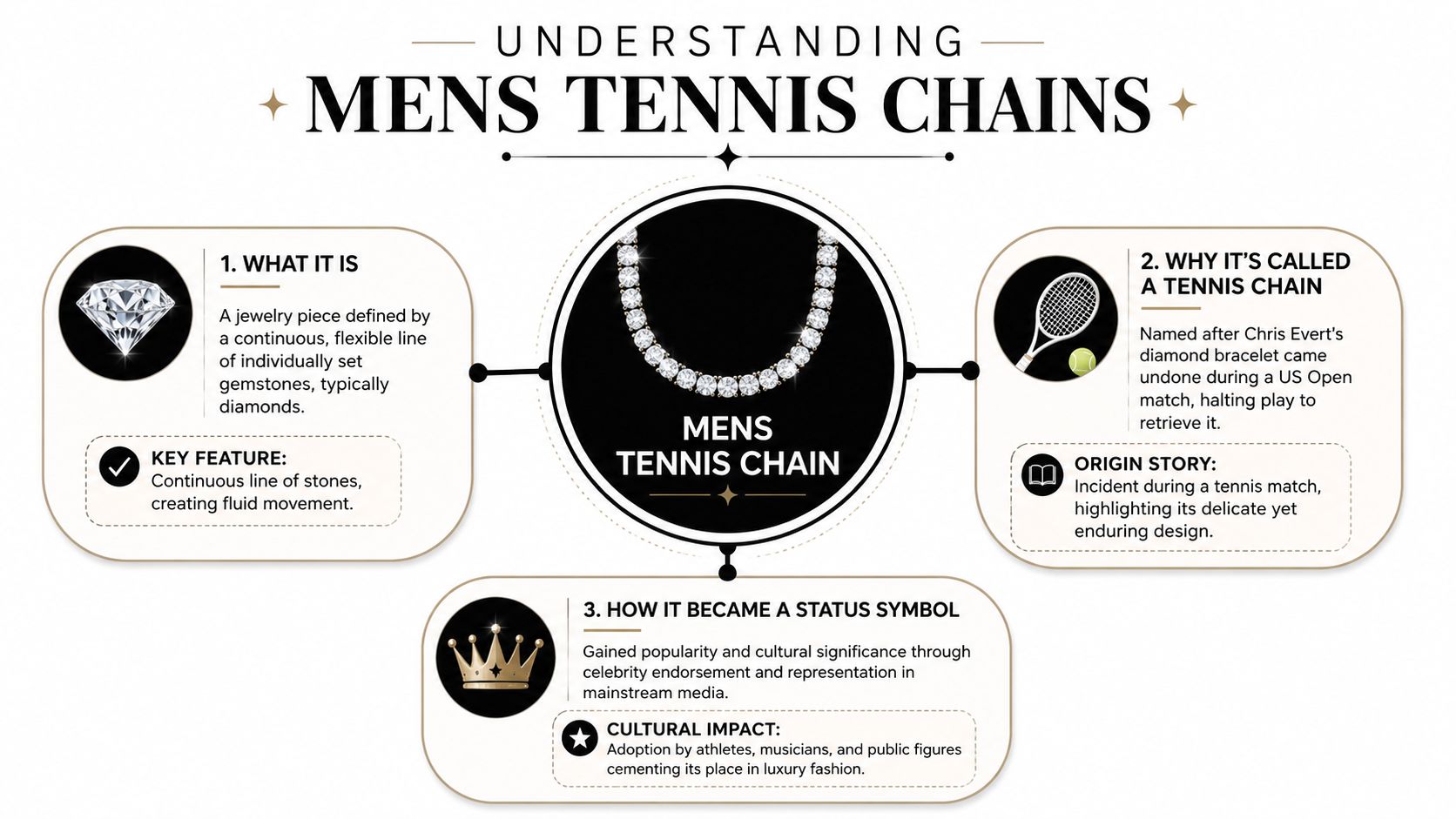 An infographic titled Understanding Mens Tennis Chains explaining its definition, origin story, and cultural status symbol history.