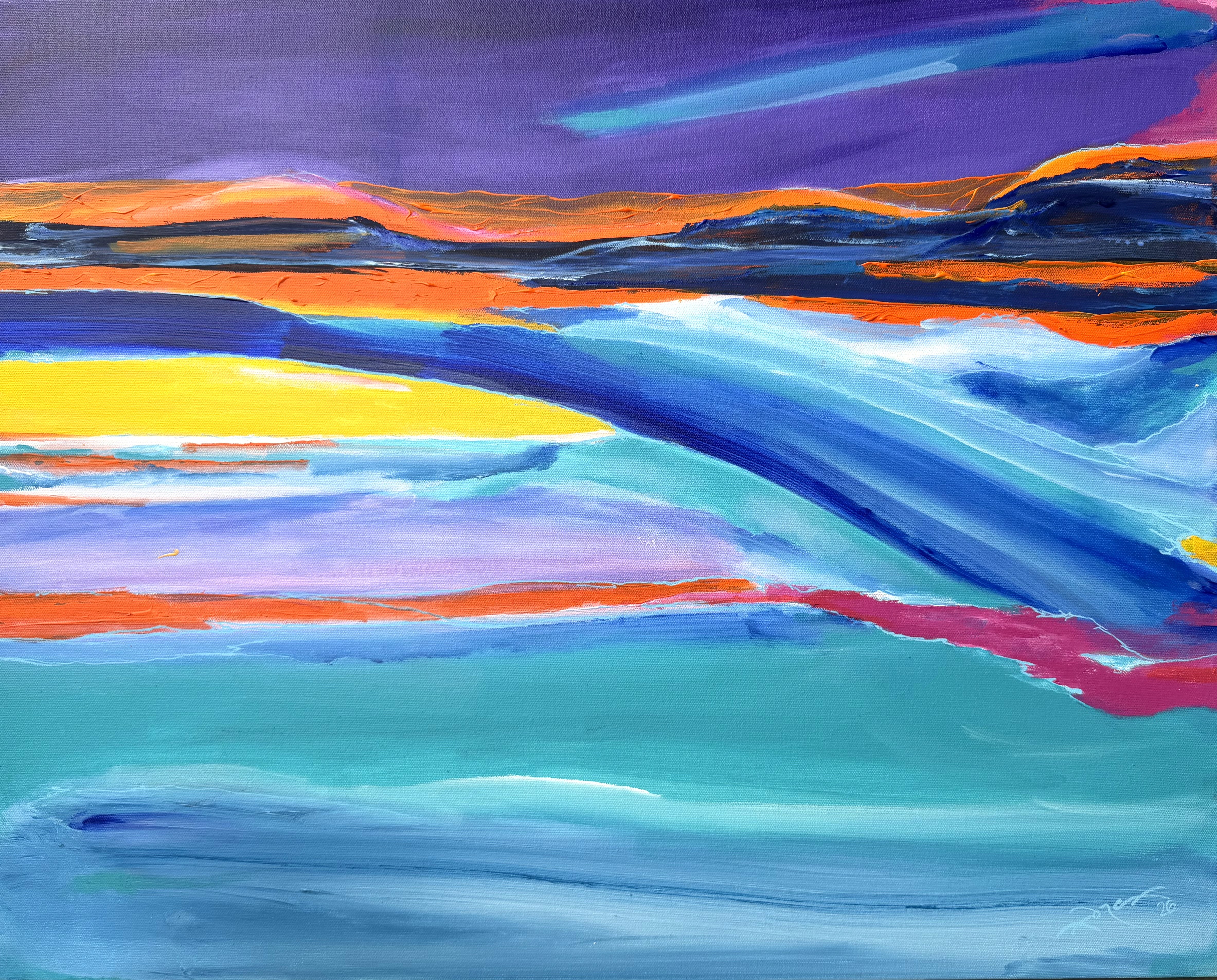 Horizontal bands of deep blue, turquoise, orange, yellow, and violet sweeping across the canvas.