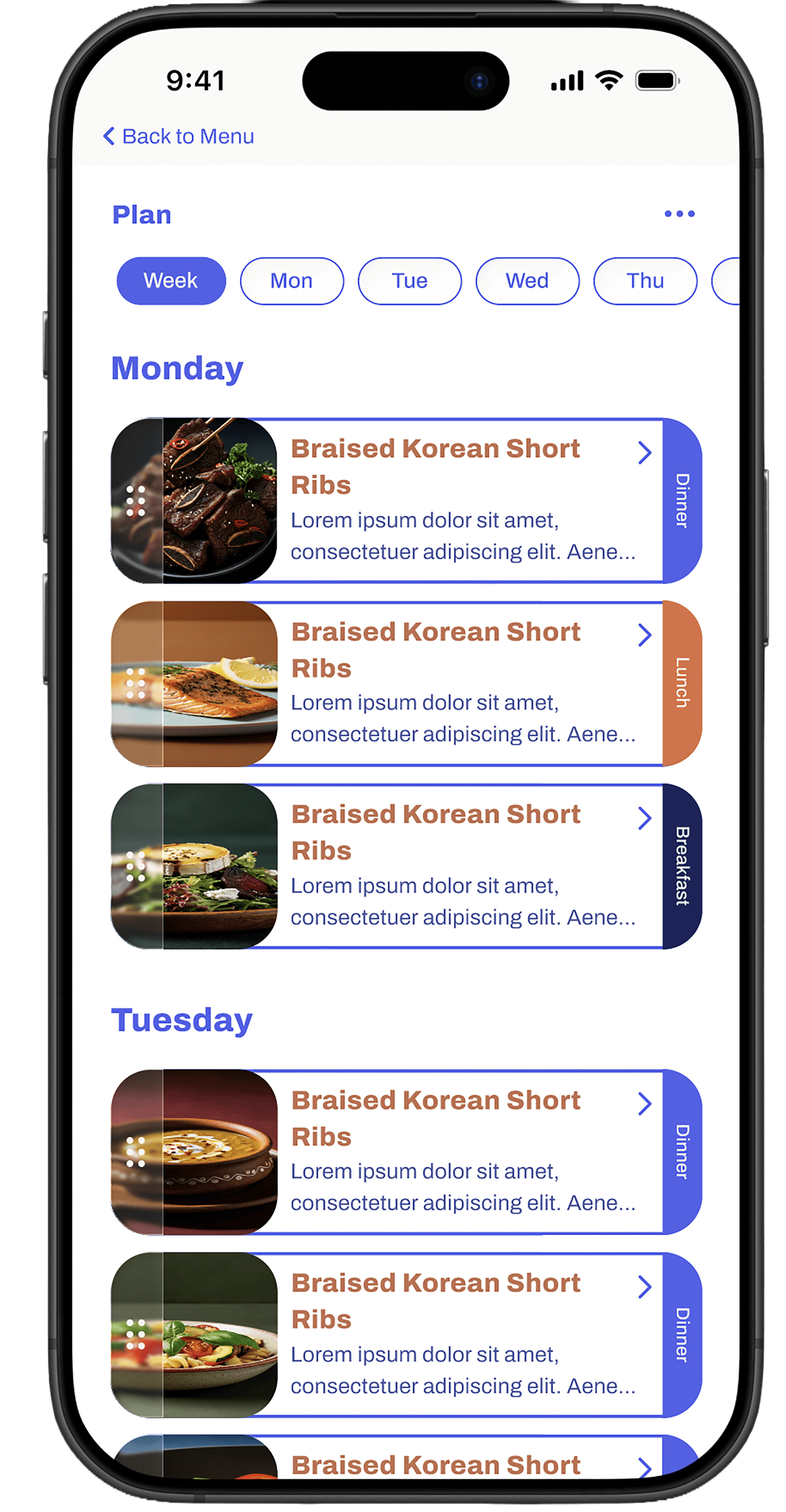 Plan screen organized by day of the week
