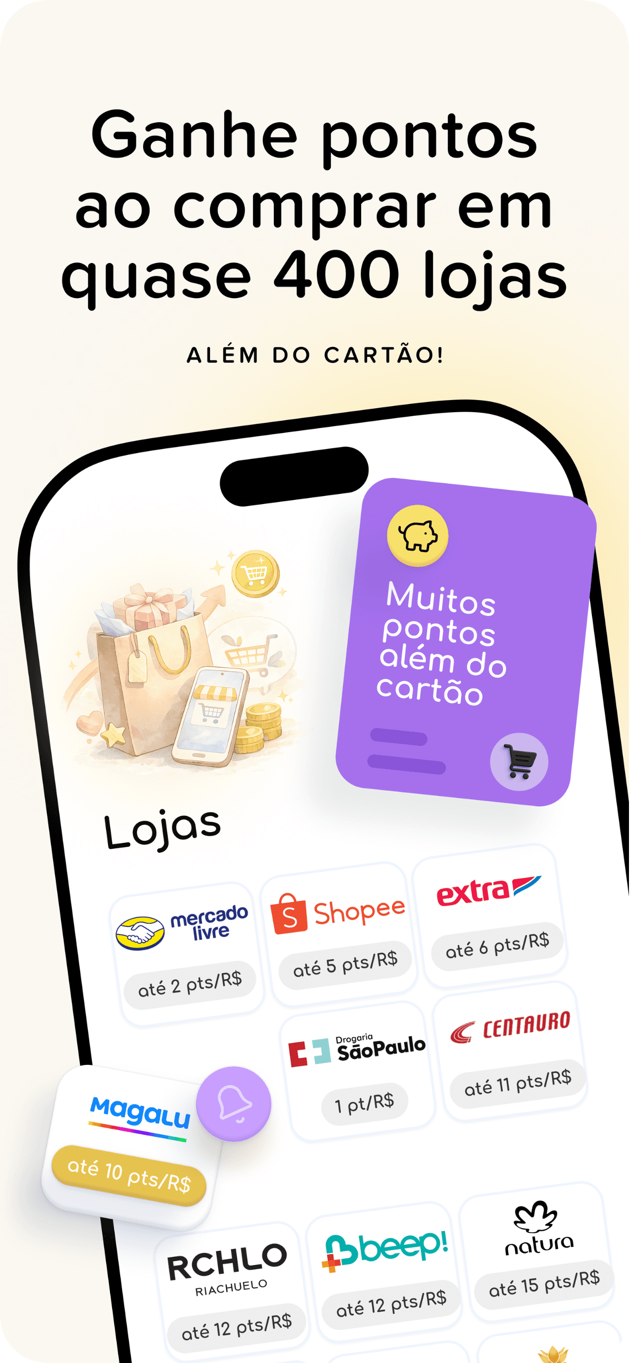 Ilustração do app de milhas AceleraPontos mostrando que a mesma compra pode gerar muito mais pontos e milhas do que apenas usar o cartão de crédito.