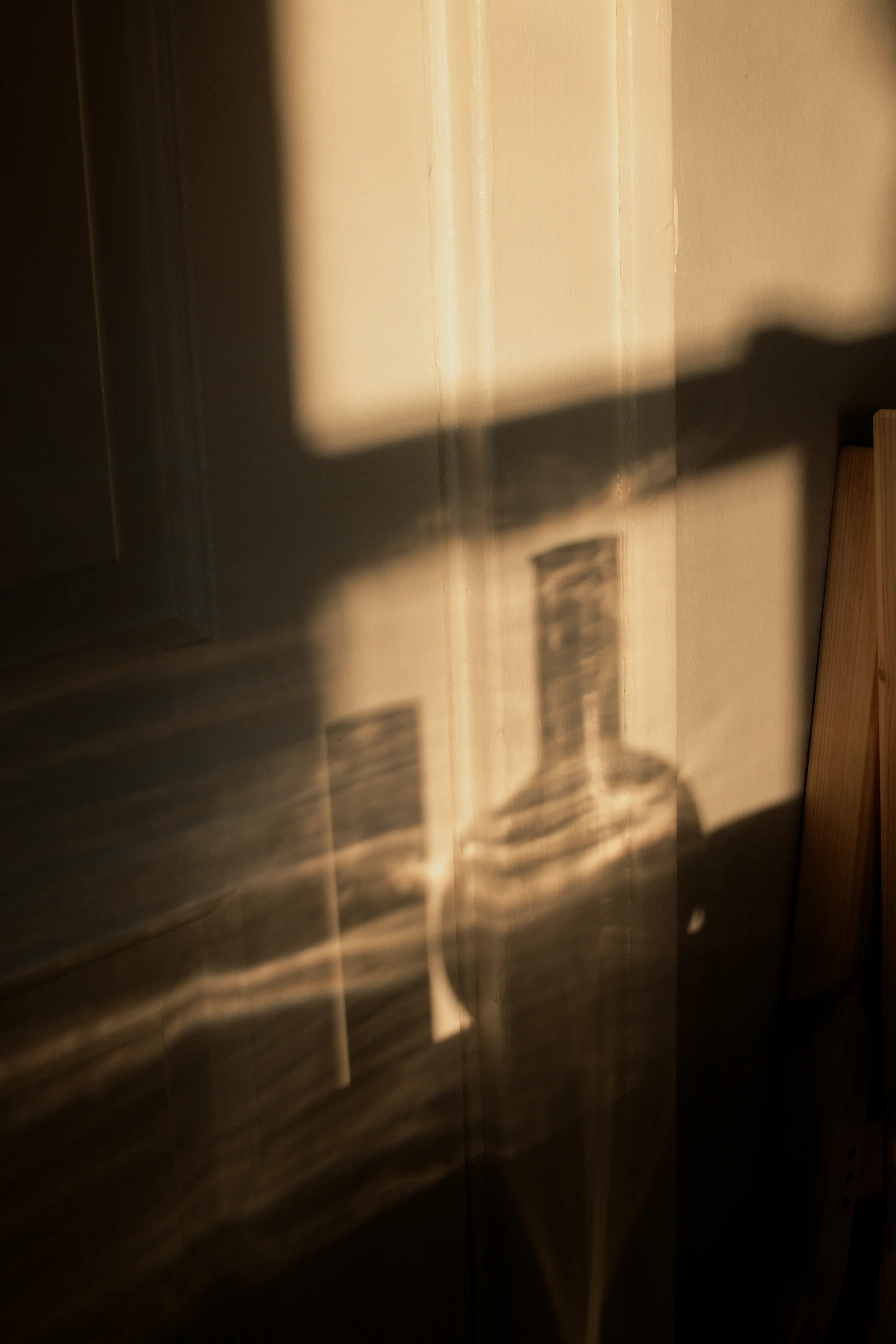 A scene of a wall with glass bottles' shadow casted onto it