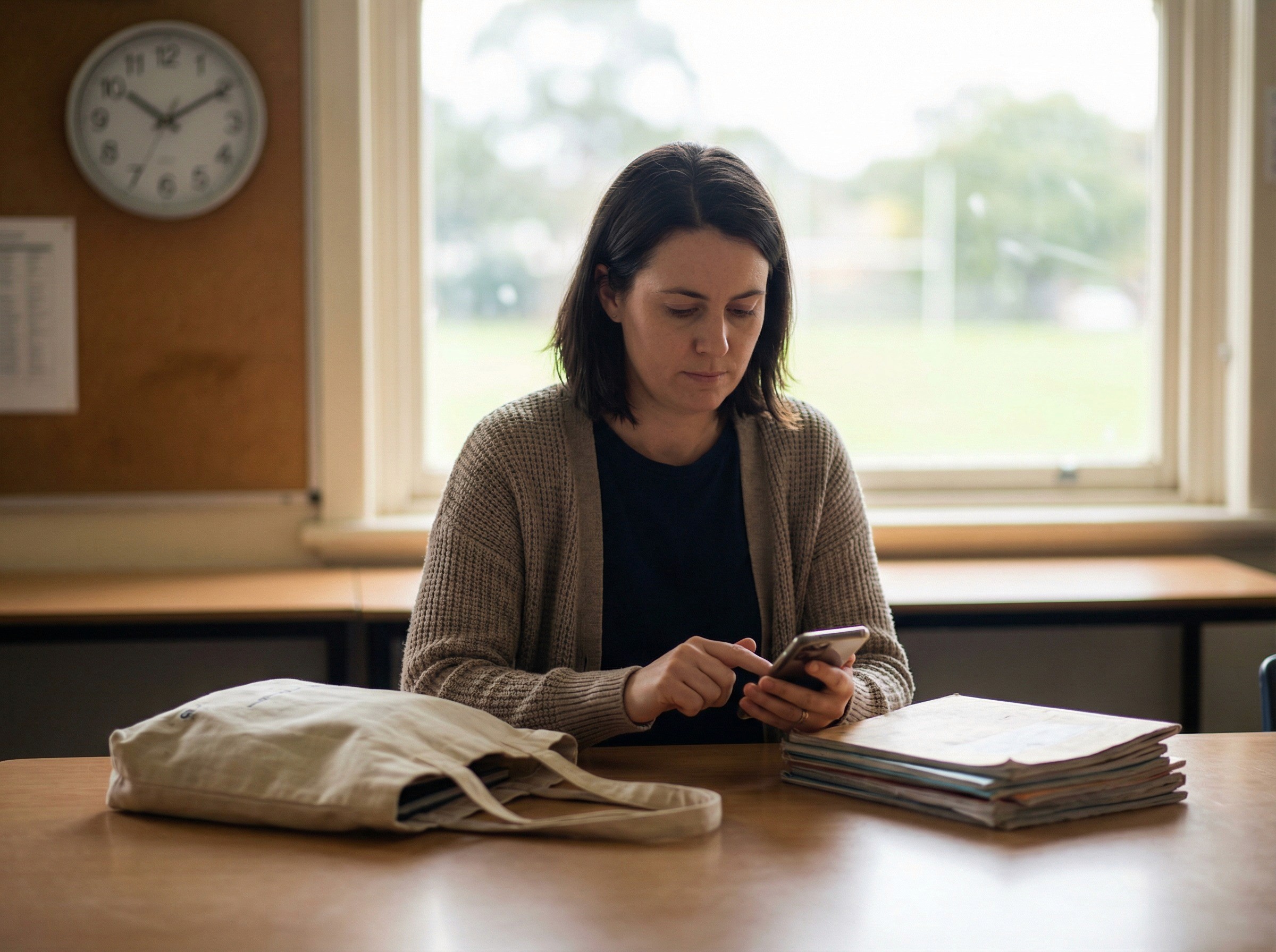 A teacher in her mid-30s sitting in an empty school staffroom between classes, phone in one hand, tapping the screen with her thumb in a single decisive gesture — the motion of someone completing a sign-off, not reading a long document. Her bag and a stack of exercise books are on the table beside her. A wall clock shows mid-morning. Through a window behind her, a school oval is faintly visible. Her expression is neutral and task-oriented — this took fifteen seconds and she is already mentally moving to her next class.