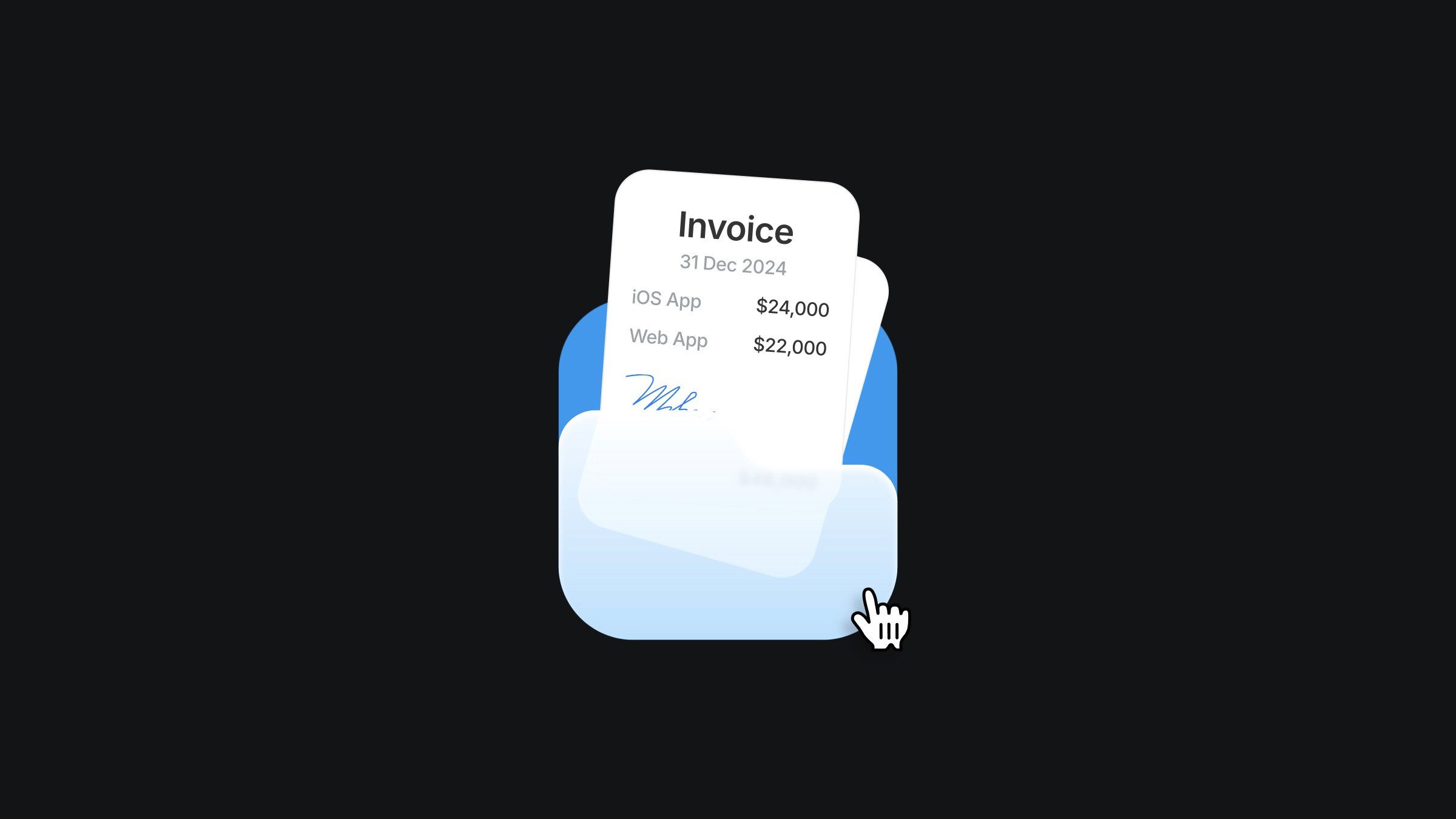 Illustration of an invoice document in a blue folder with pricing details for iOS and web apps