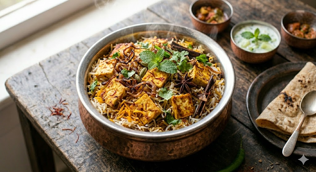 A delicious layered tofu and basmati rice biryani presented in a traditional copper handi pot on a rustic wooden table. The biryani is garnishes with saffron strands, fried onions, and fresh mint, accompanied by a small bowl of Raita, traditional roti, and a spoon. The scene has soft, natural light coming from a window.