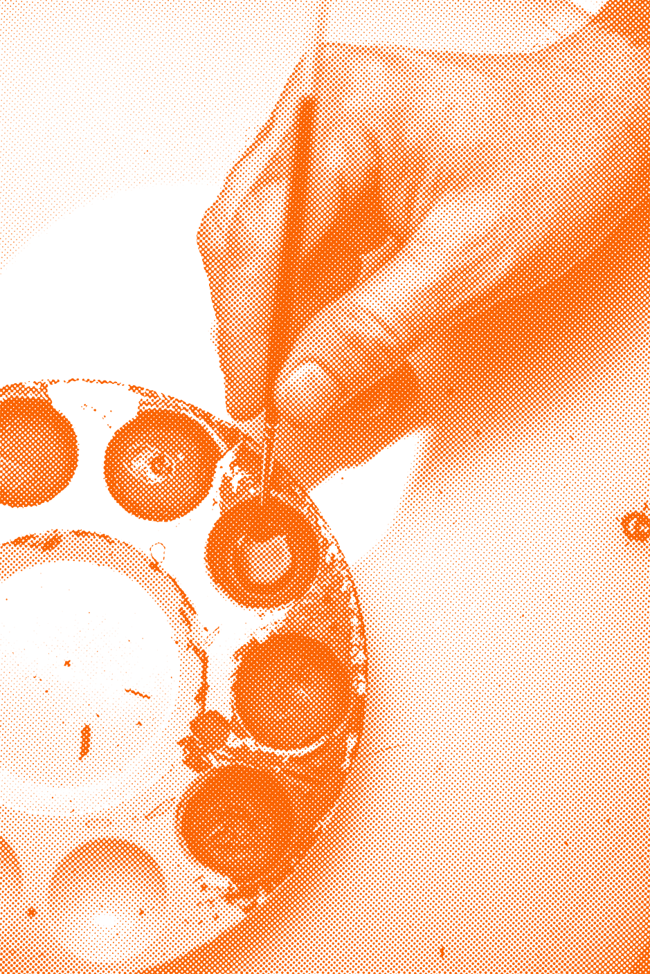 Halftone-style image of artist Dirty Donny dipping a paintbrush into a tray of black ink, rendered in bold orange tones with a graphic, comic-inspired look.