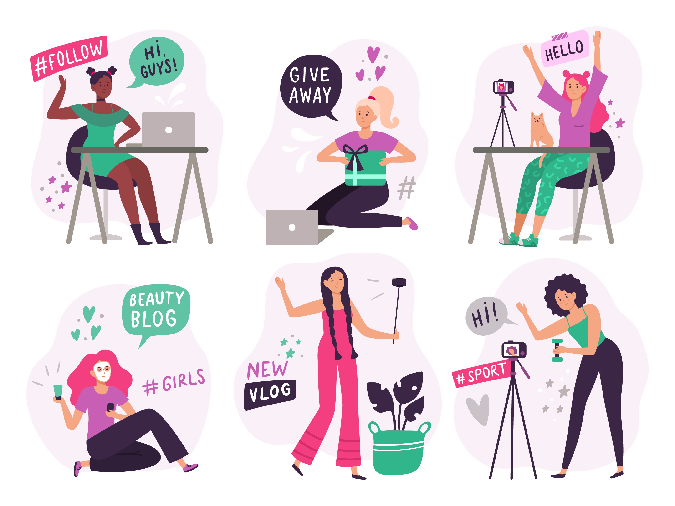 Illustration set of female content creators filming vlogs, hosting giveaways, and posting across beauty, sport, and lifestyle niches.