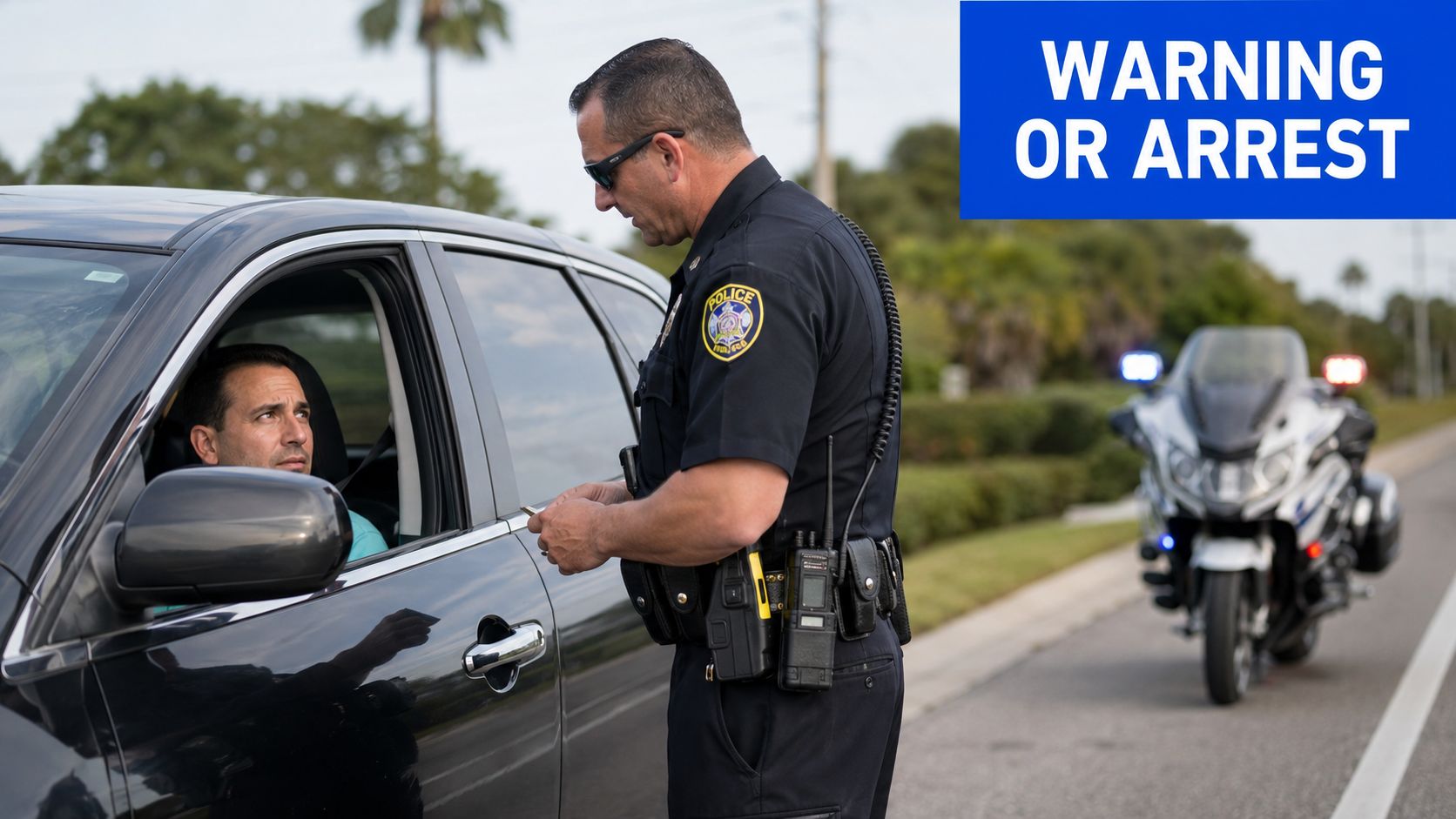 A police officer talks to a driver after pulling over a vehicle on the side of the road.