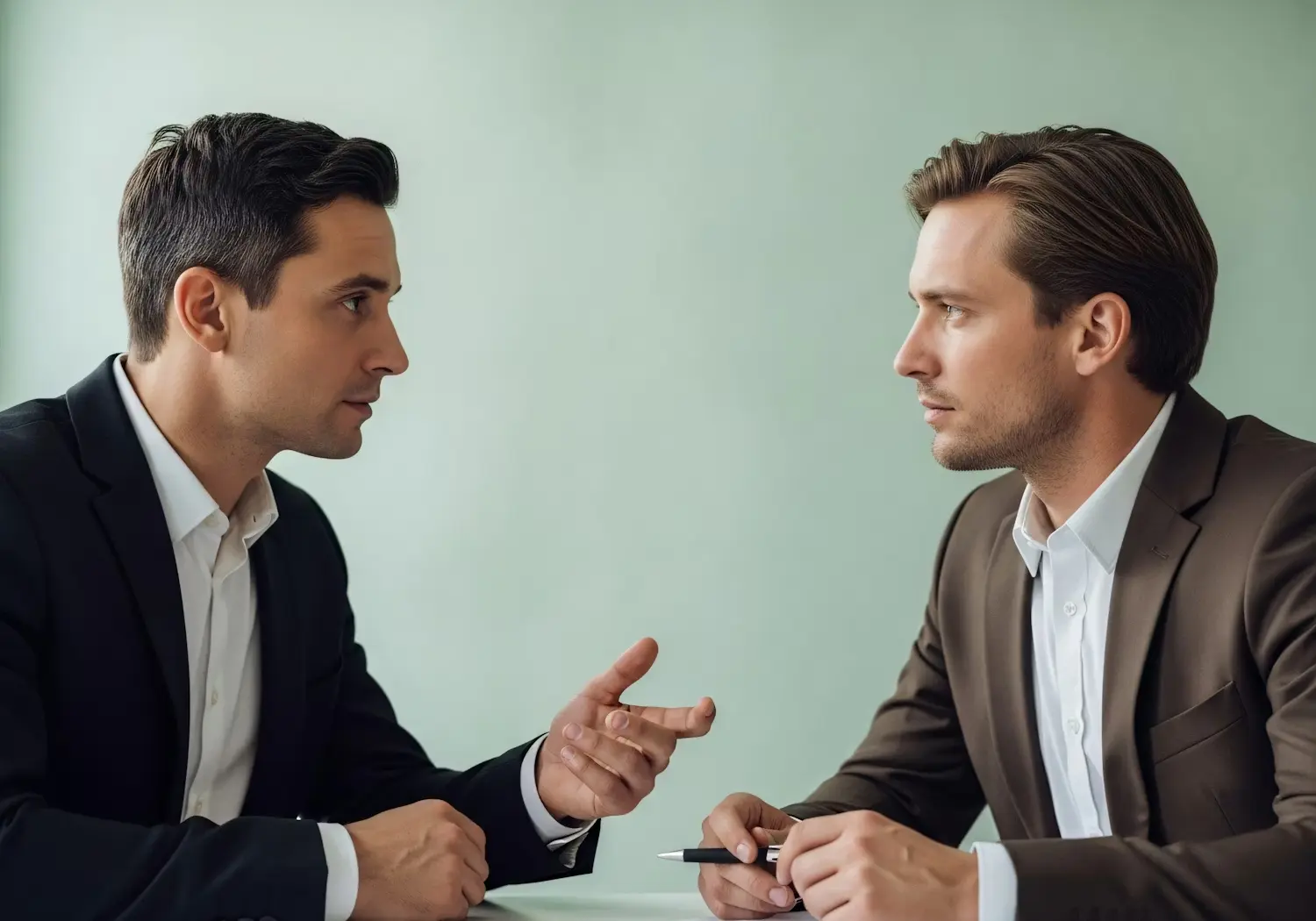 Two men in business suits having a serious conversation across a table.