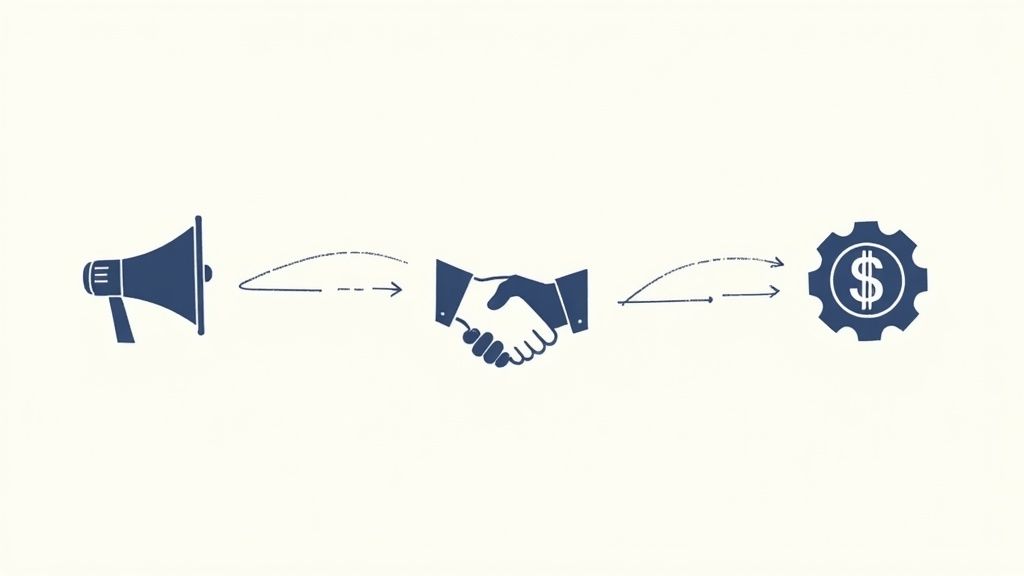 Two teams collaborating over a bridge connecting two separate platforms, symbolizing cross-functional teamwork.