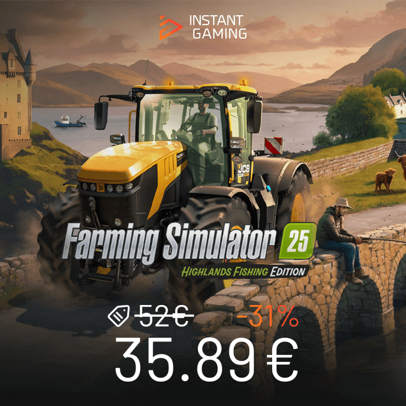 Jaquette officielle du jeu Farming Simulator 25: Highlands Fishing Edition sur PC, avec un tracteur JCB sur un pont en pierre, rivière et château en arrière-plan. Offre Instant Gaming à 35,89 €.
