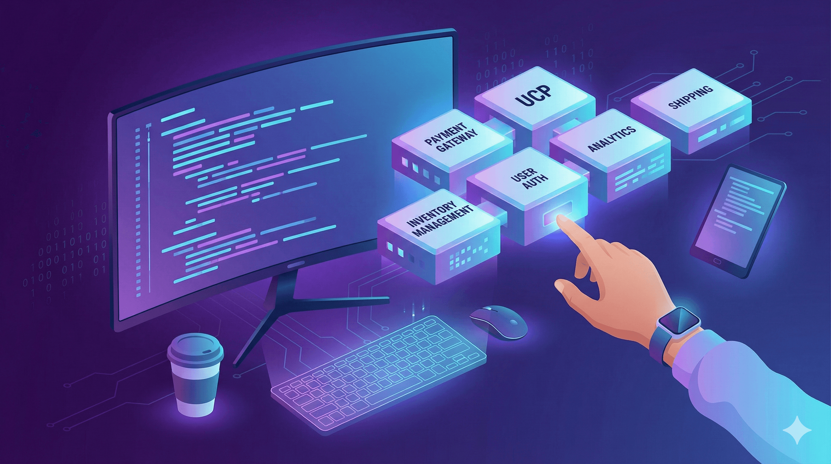 Hand interacting with a floating diagram of commerce components next to a monitor with code.