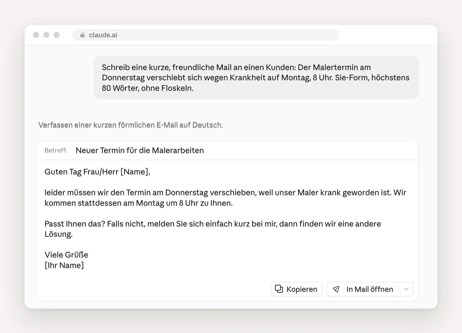 Claude schreibt eine Kundenmail als Entwurf mit Kopieren und In Mail öffnen