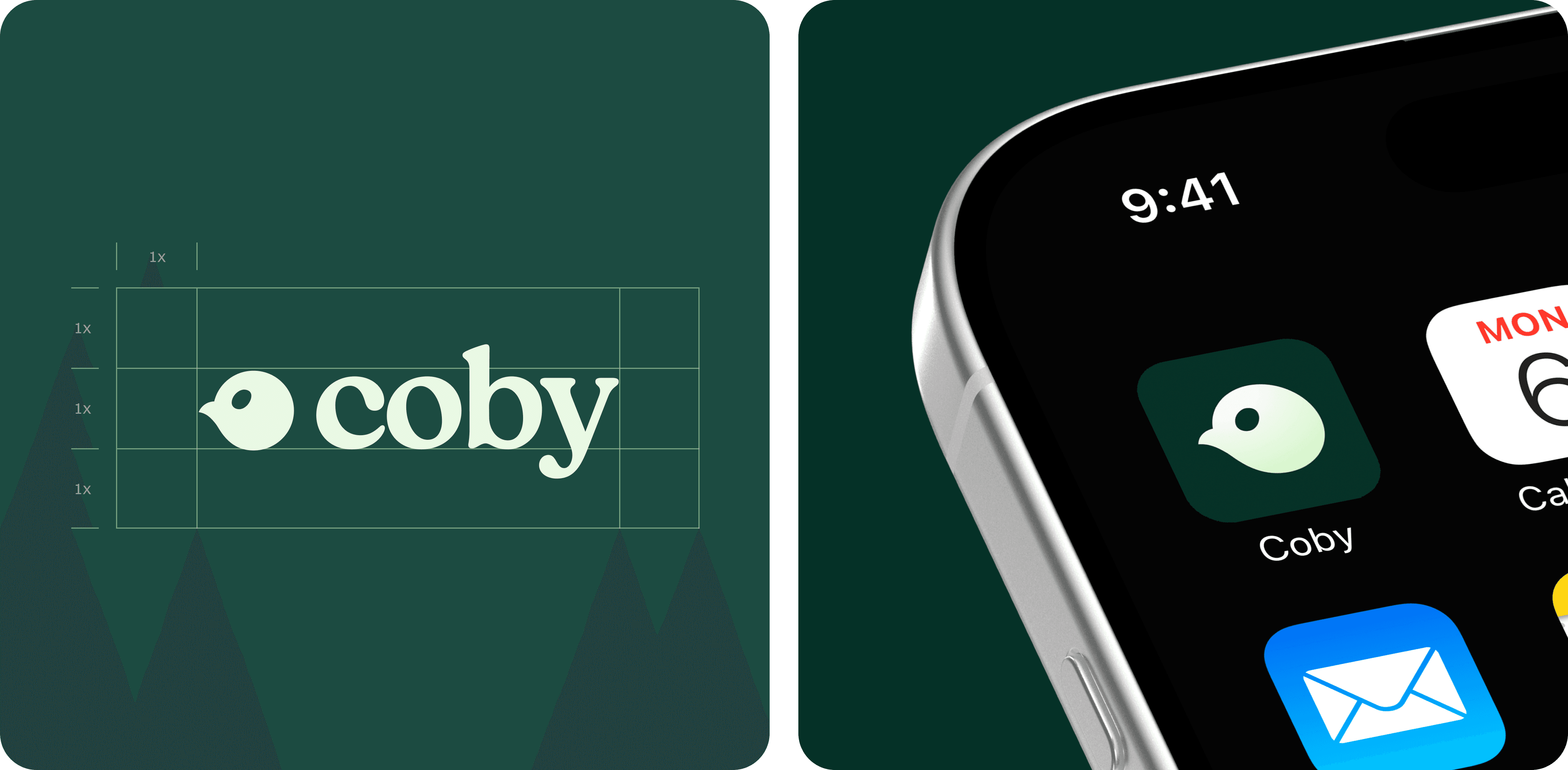 A close-up of a smartphone showing app icons alongside the Coby logo on a dark green background.