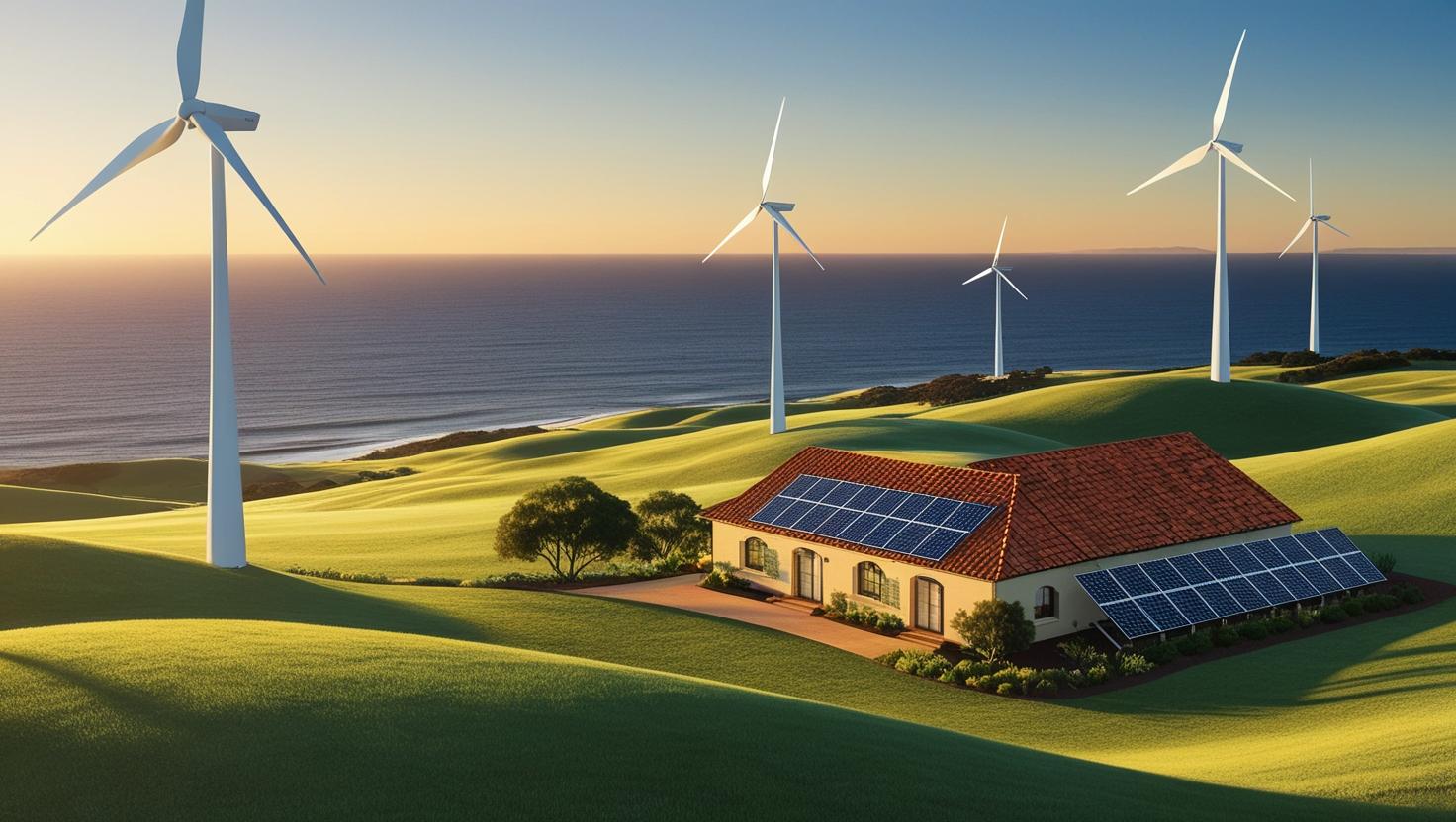 Home with solar in country side with wind turbines