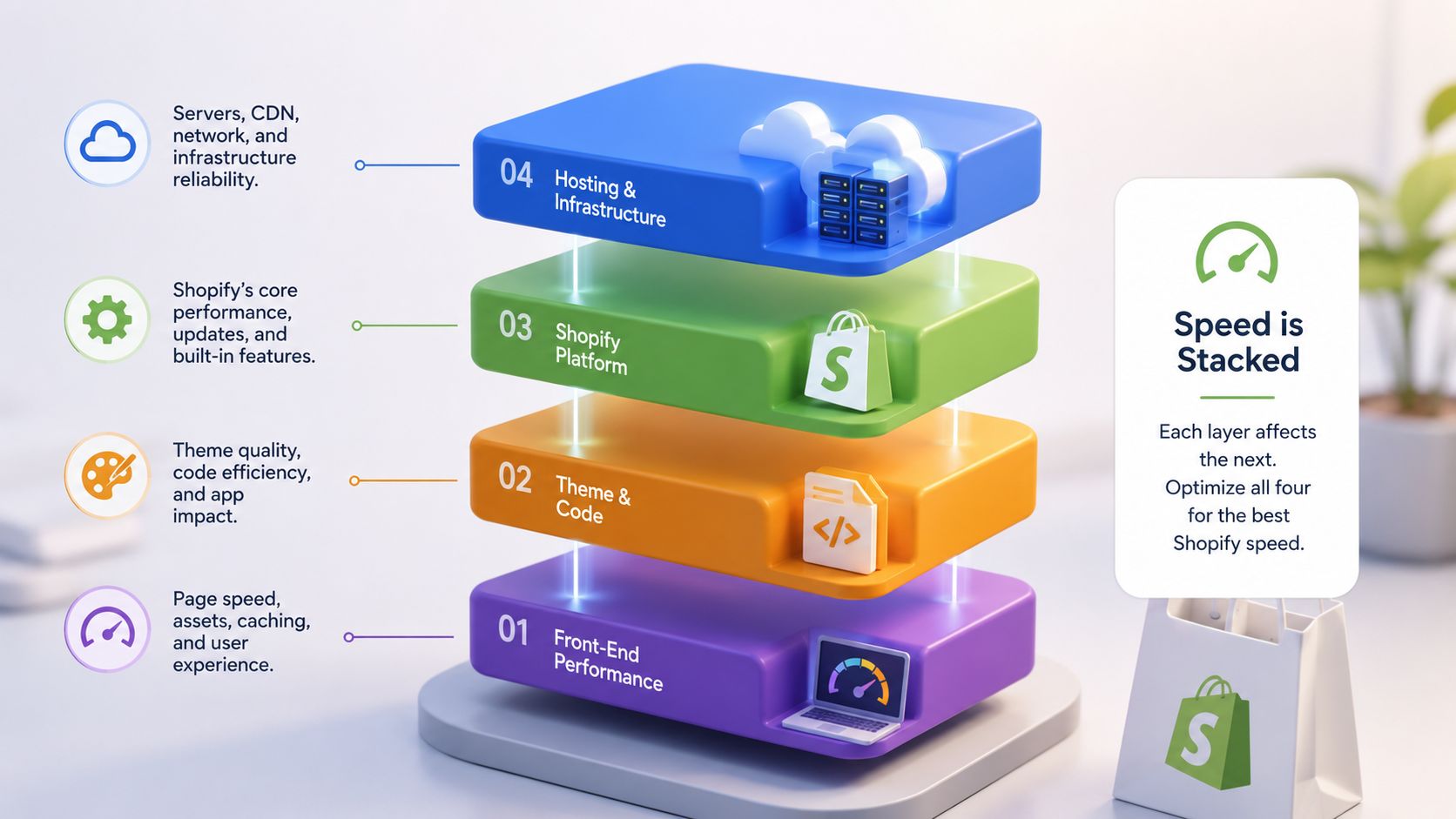 A 3D layered infographic illustrating the four key layers required to optimize Shopify store performance and speed.