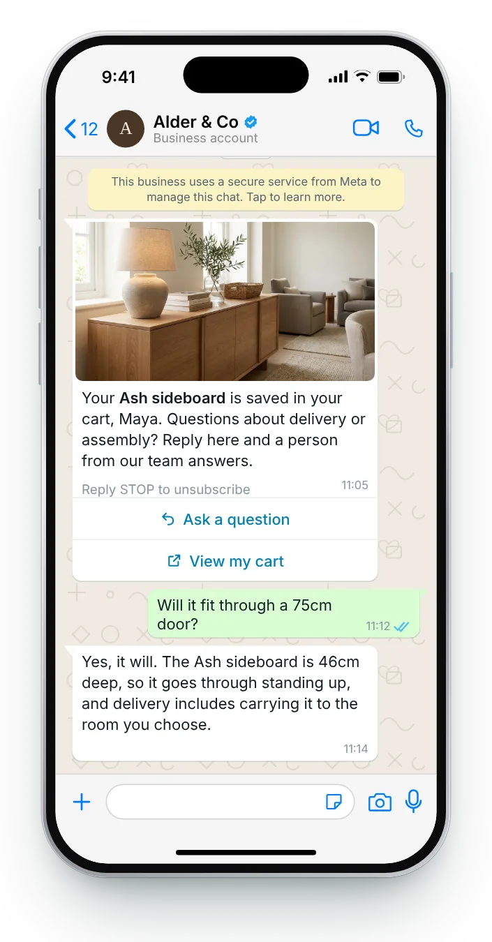 A question answered in the chat: WhatsApp cart reminder on an iPhone