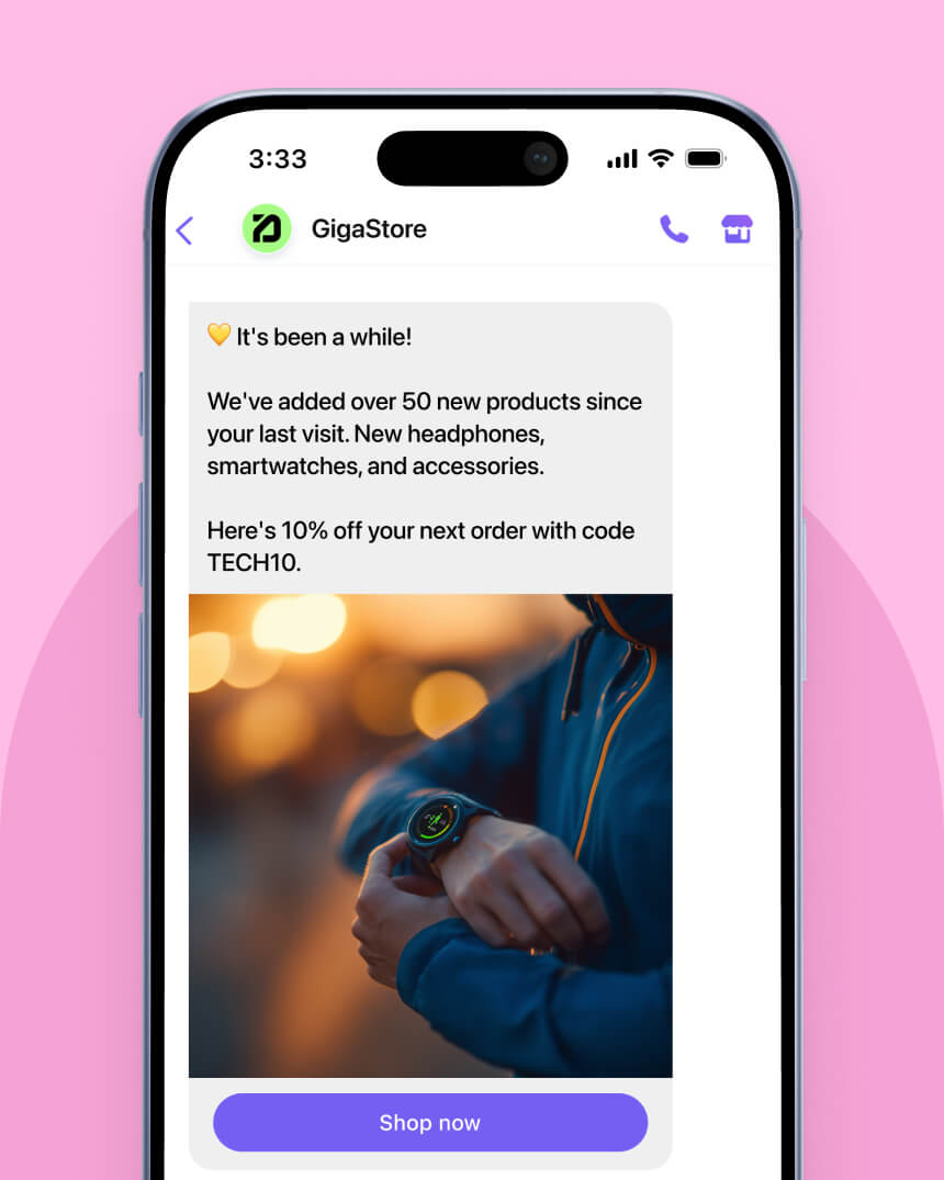 Viber messaging campaign showcasing a personalized message that aims to help a fashion e-commerce store recover abandoned carts.