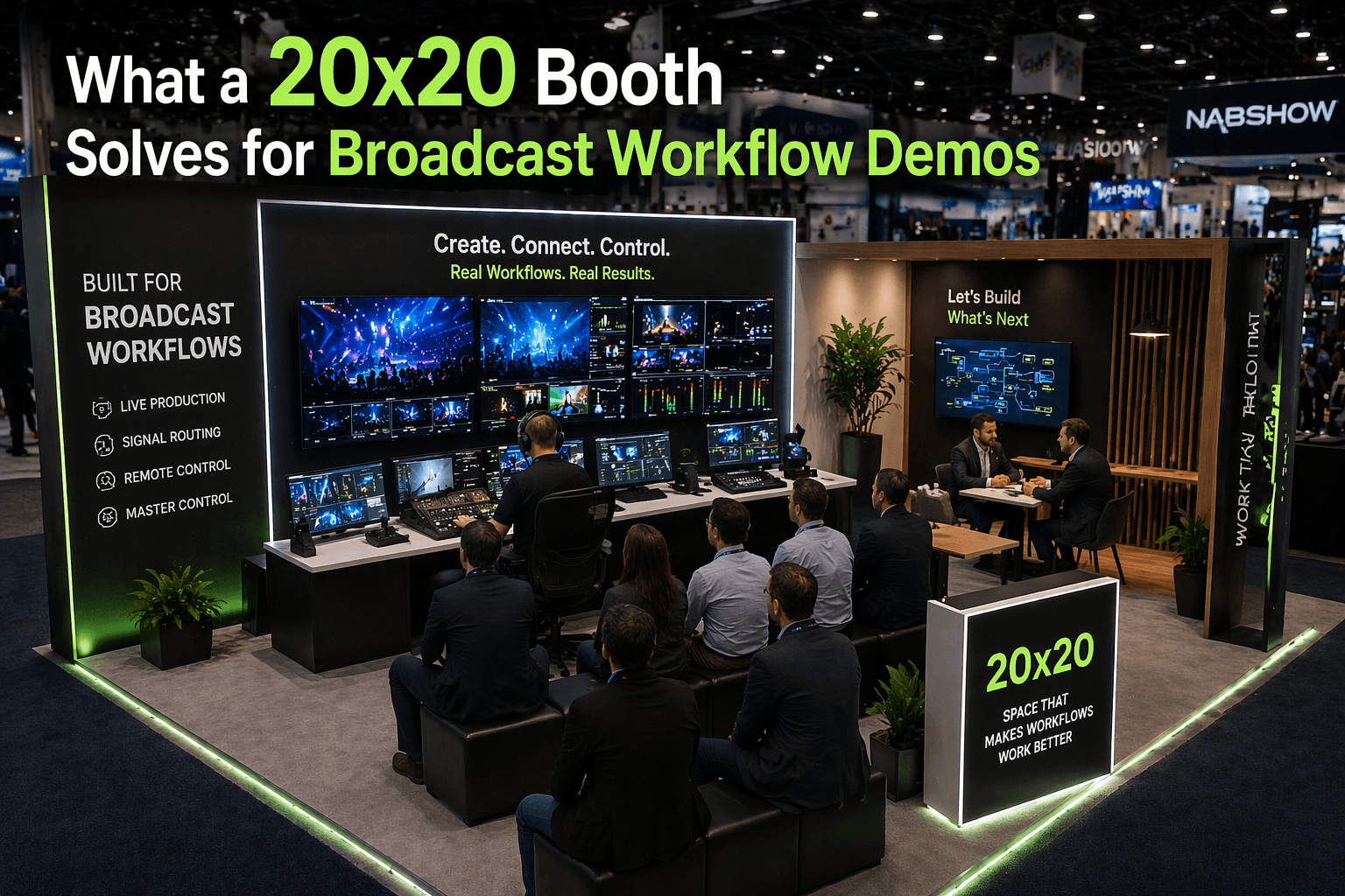 20x20 NAB booth layout with a broadcast workflow demo area, operator station, seated viewers, and a separate conversation zone in Las Vegas