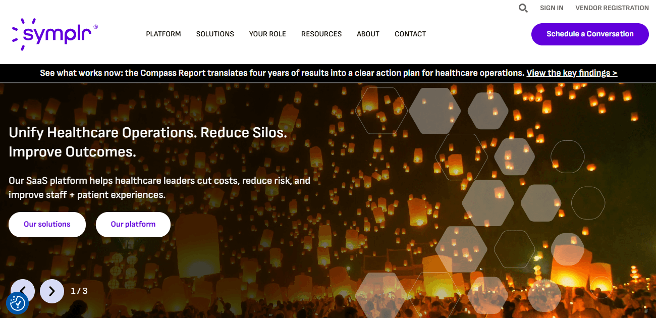 Homepage section of Symplr showcasing the hero section and navigation bar