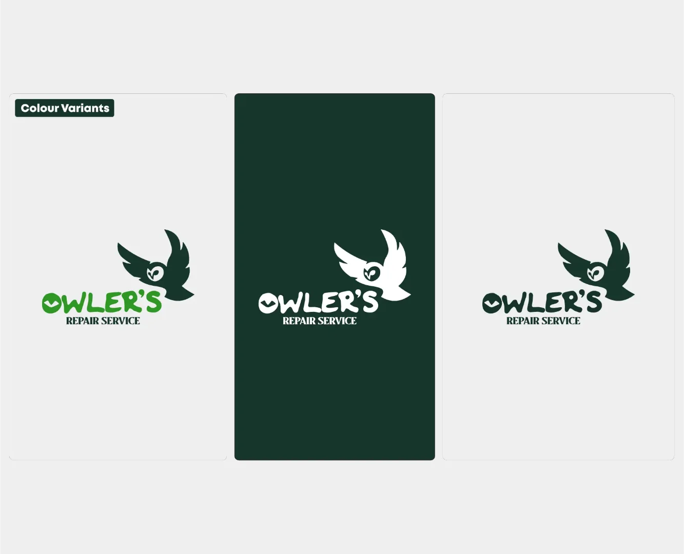 Professional color variant showcase for Owler's Repair Service by Made by Campfire, featuring forest green and white logo treatments designed for high-end service branding.
