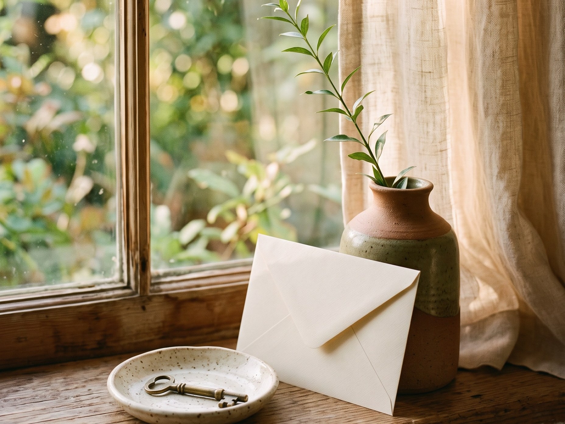 A key and an envelope on a sunlit windowsill