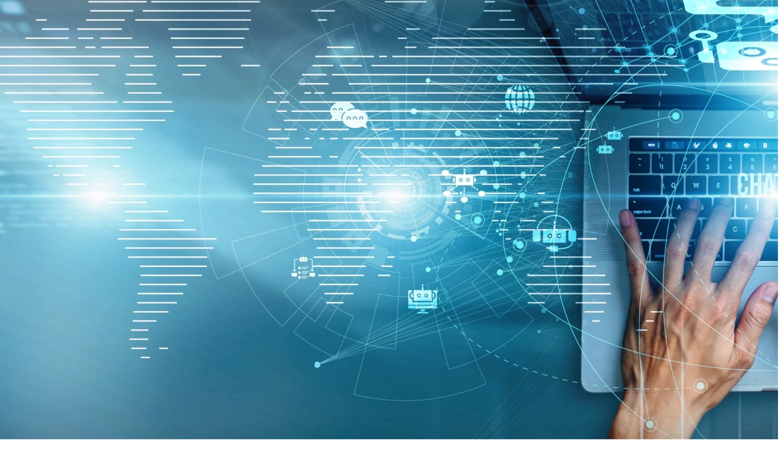 Developer using a laptop with chatbot data conversational AI, natural language processing, automated responses, customer service enhancement, real-time interaction, and user engagement.