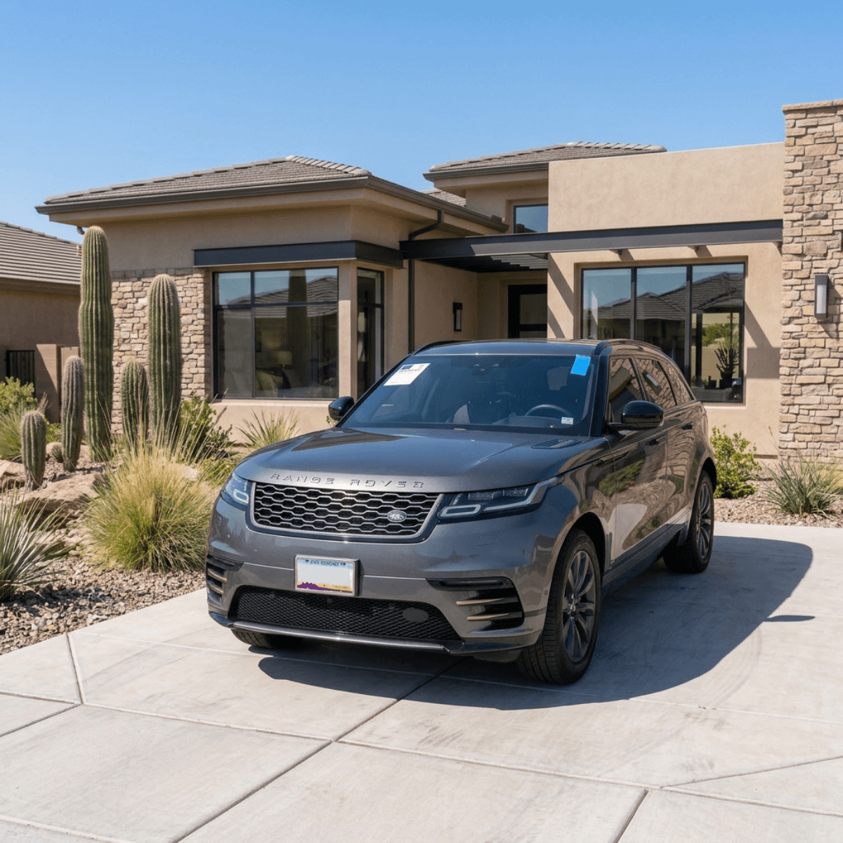 Gray Range Rover Velar with an immaculate new windshield outside a Paradise Valley, Arizona office building