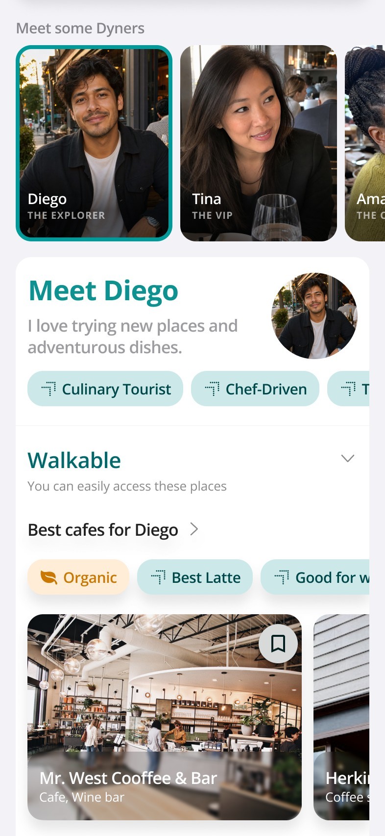 Seeded home feed with Diego — The Explorer — selected: their profile card, taste tags, and curated lists
