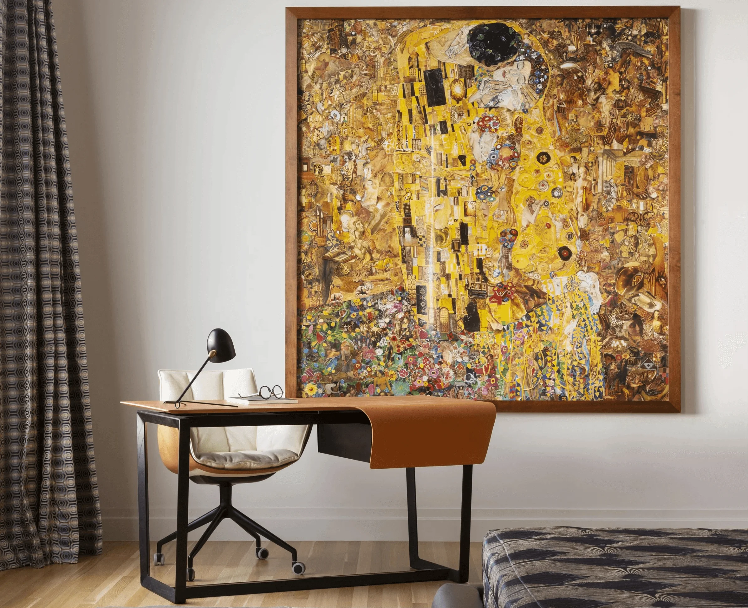 A leather desk and a wall-mounted Inge Prader collage inspired by Klimt furnish this primary bedroom