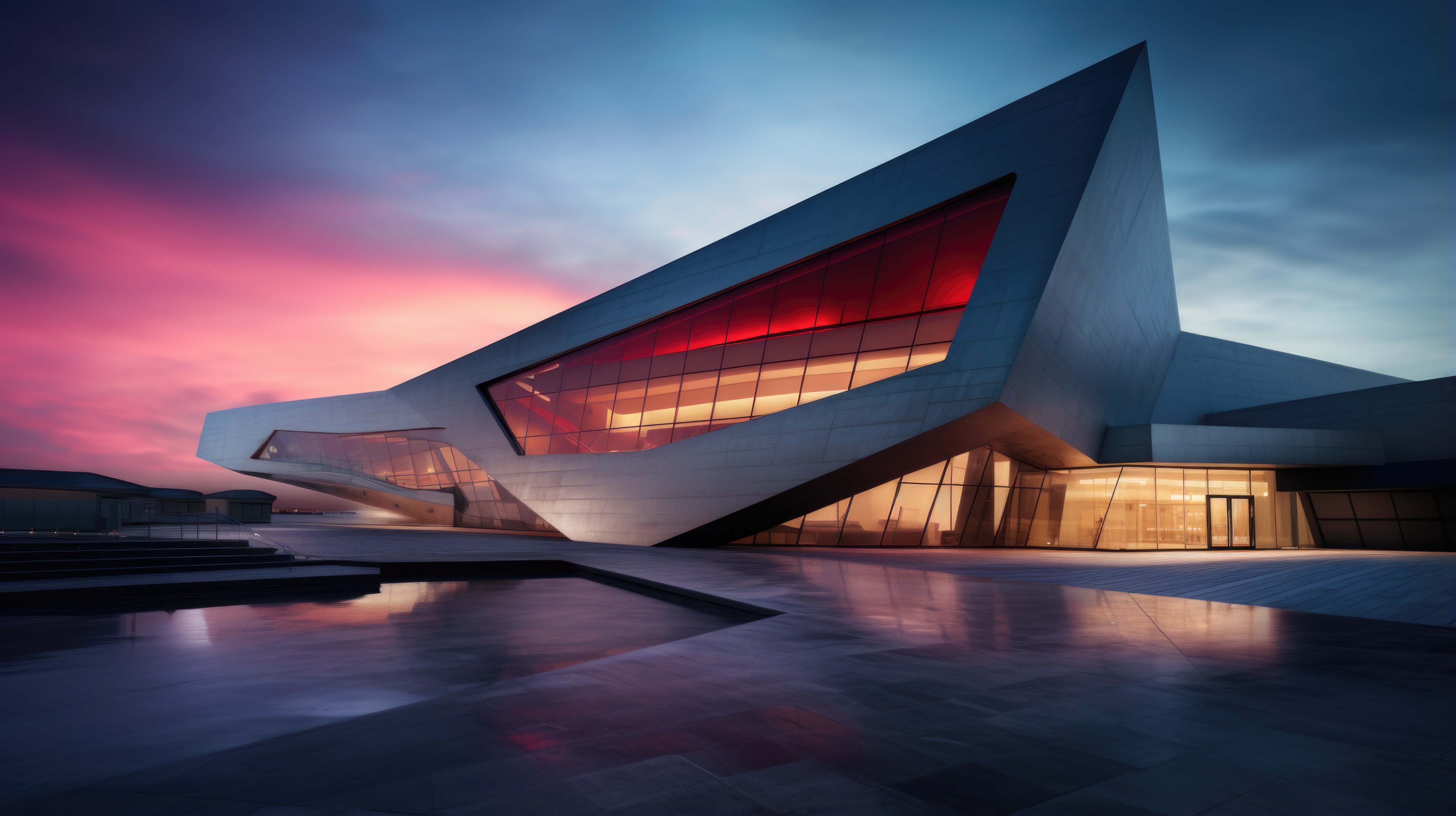 Futuristic, Scandinavian building minimalism architecture with colorful sunset.