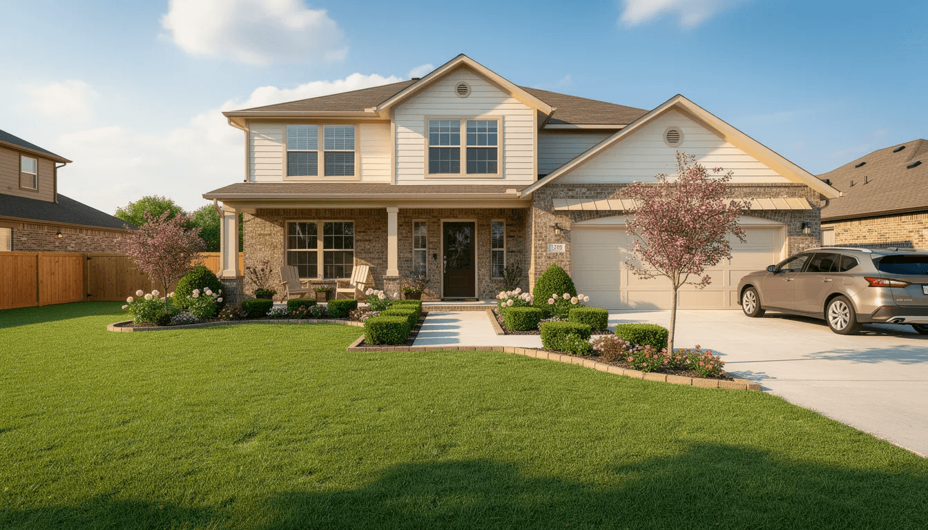 The image depicts a charming suburban family home with a well-maintained lawn and attractive landscaping, symbolizing a secure living environment where estate planning and asset protection may be important considerations for homeowners. The inviting exterior suggests a place where families can manage their assets and enjoy the benefits of effective estate planning.